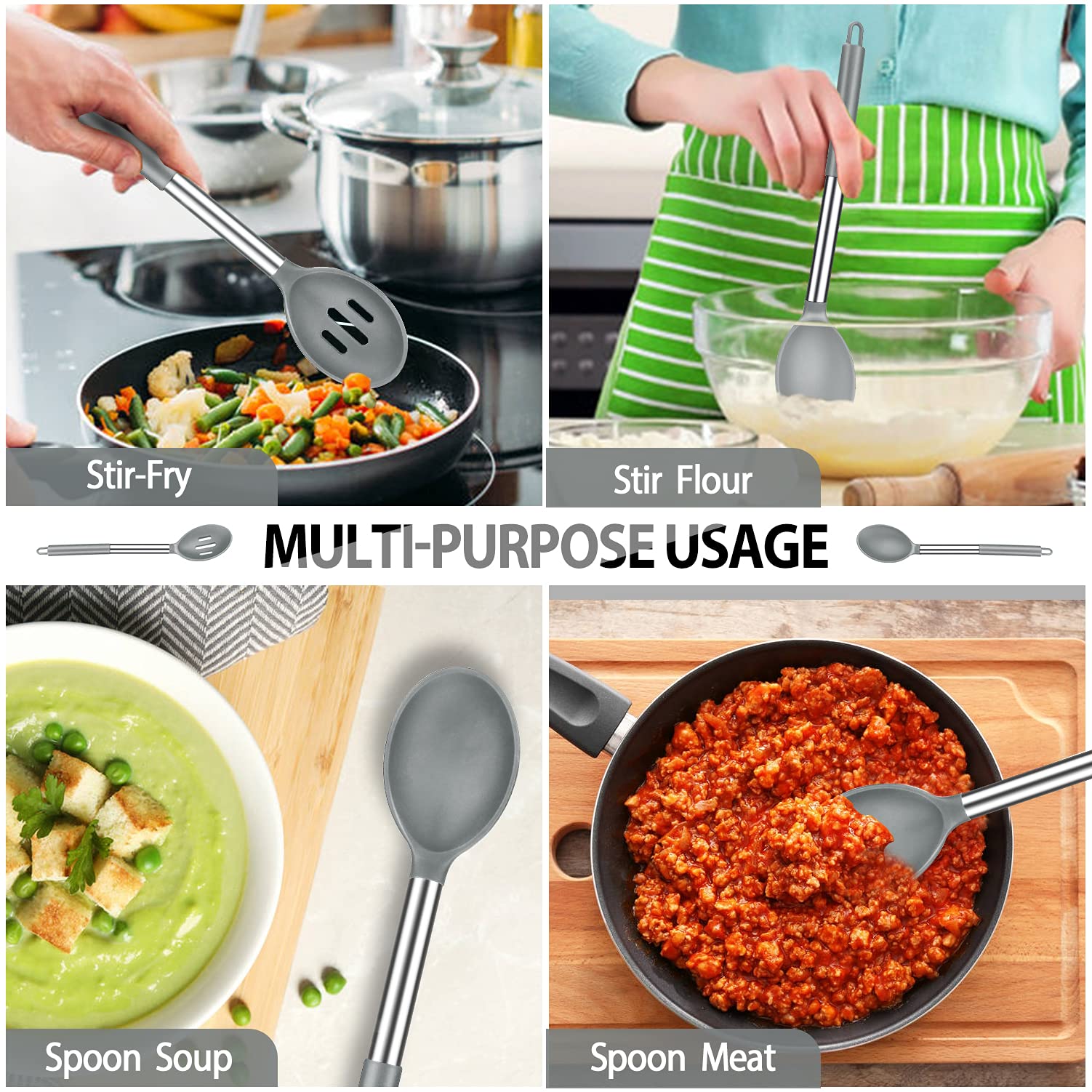 Pack Of 2 Large Silicone Cooking Spoons, Non-Stick Stainless Steel Slotted And Solid Spoon Set For Serving, Mixing, Draining, He