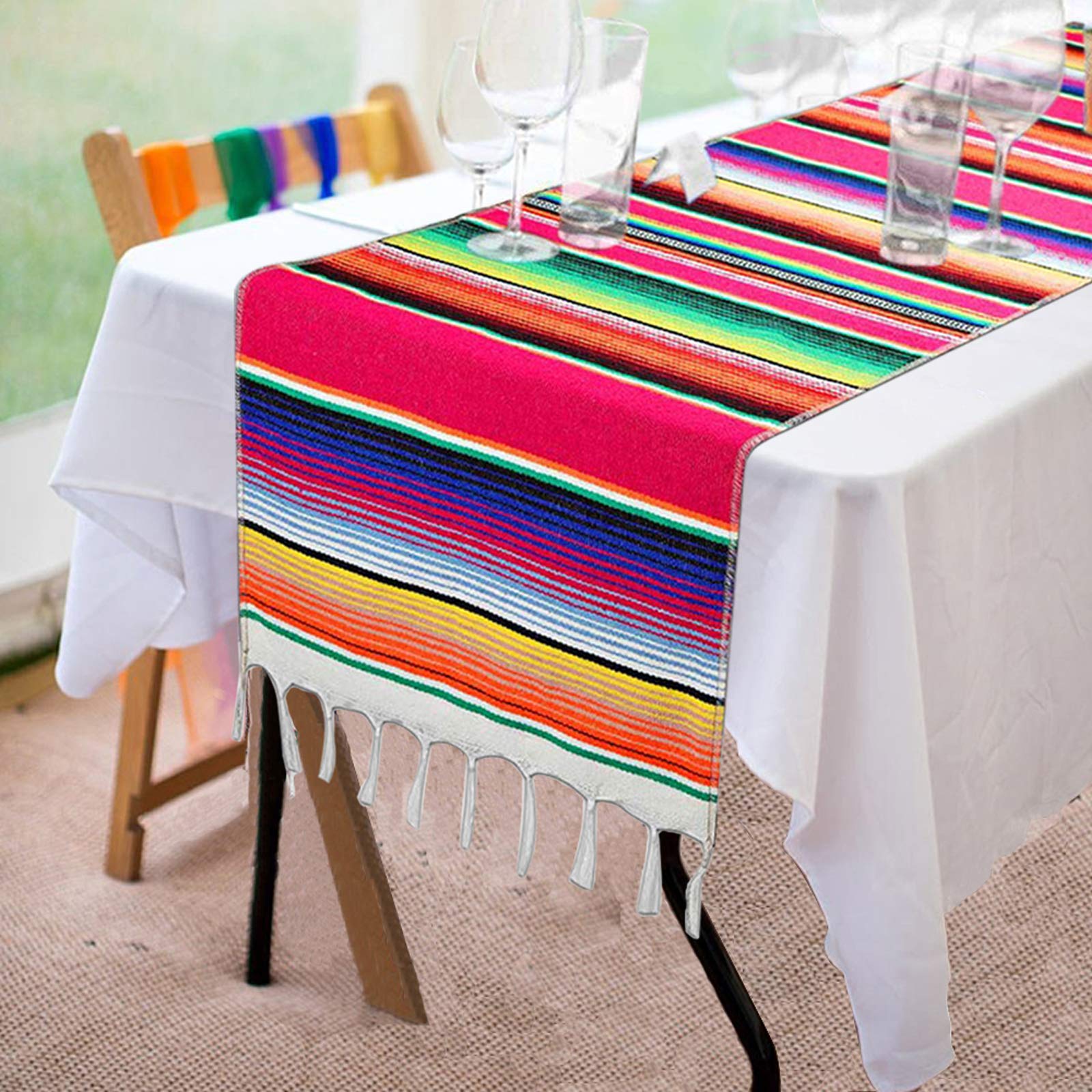 Fowecelt Mexican Serape Table Runner 14 X 84 Inch For Mexican Party Wedding Decorations Outdoor Picnics Dining Table, Fringe Cot