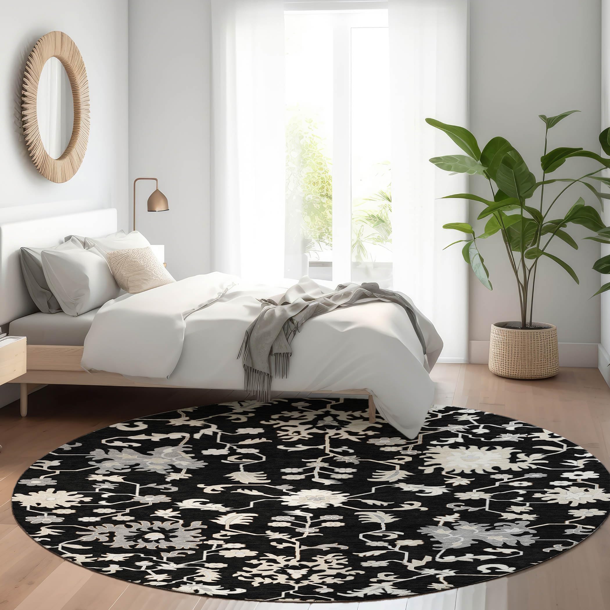 Machine Washable Indoor/Outdoor Chantille Black 8 x 8 Round Rug