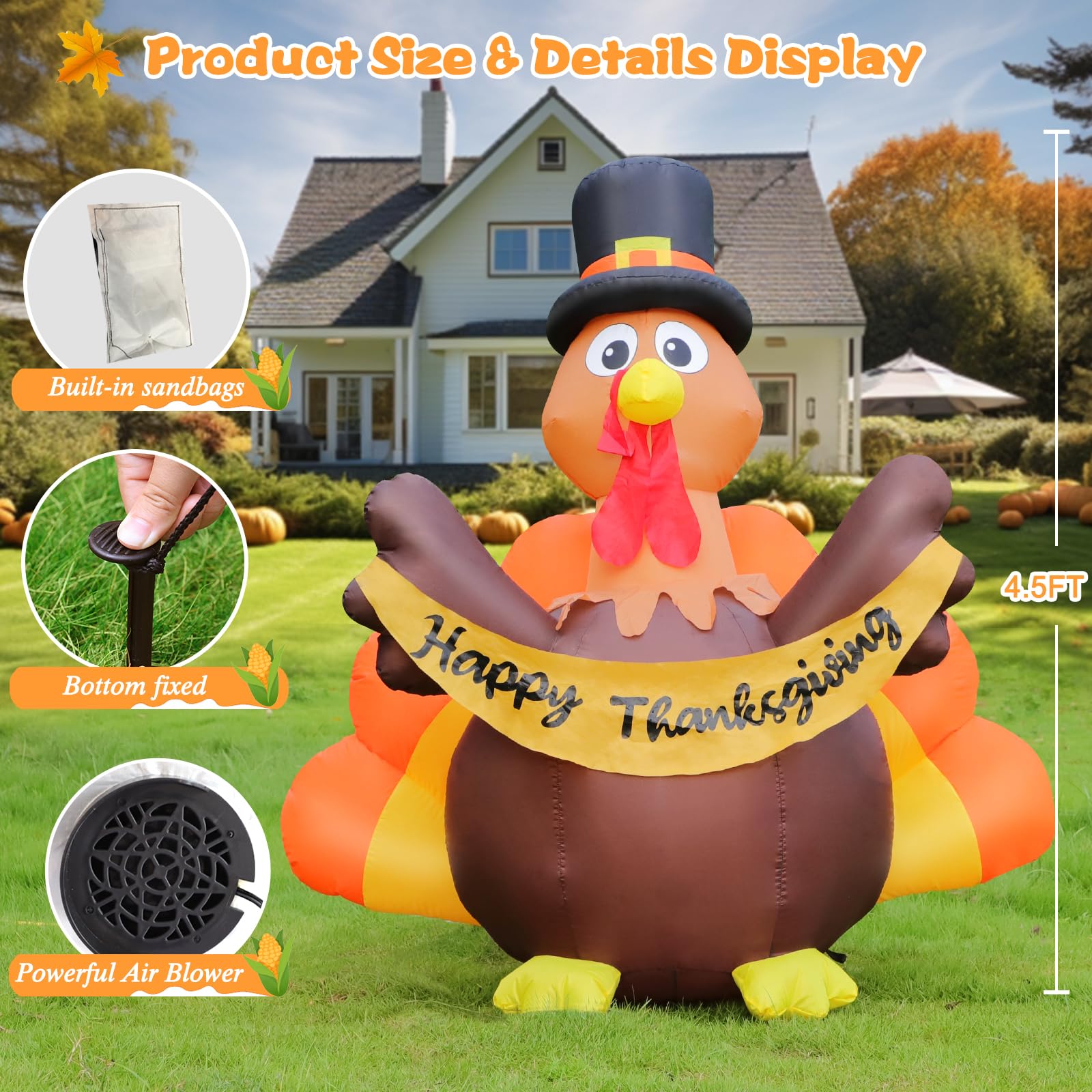 FunFanso Thanksgiving Inflatables Turkey Outdoor Decorations with Built-in LED Lights, 4.5FT Tall Blow Up Turkey with Pilgrim Ha