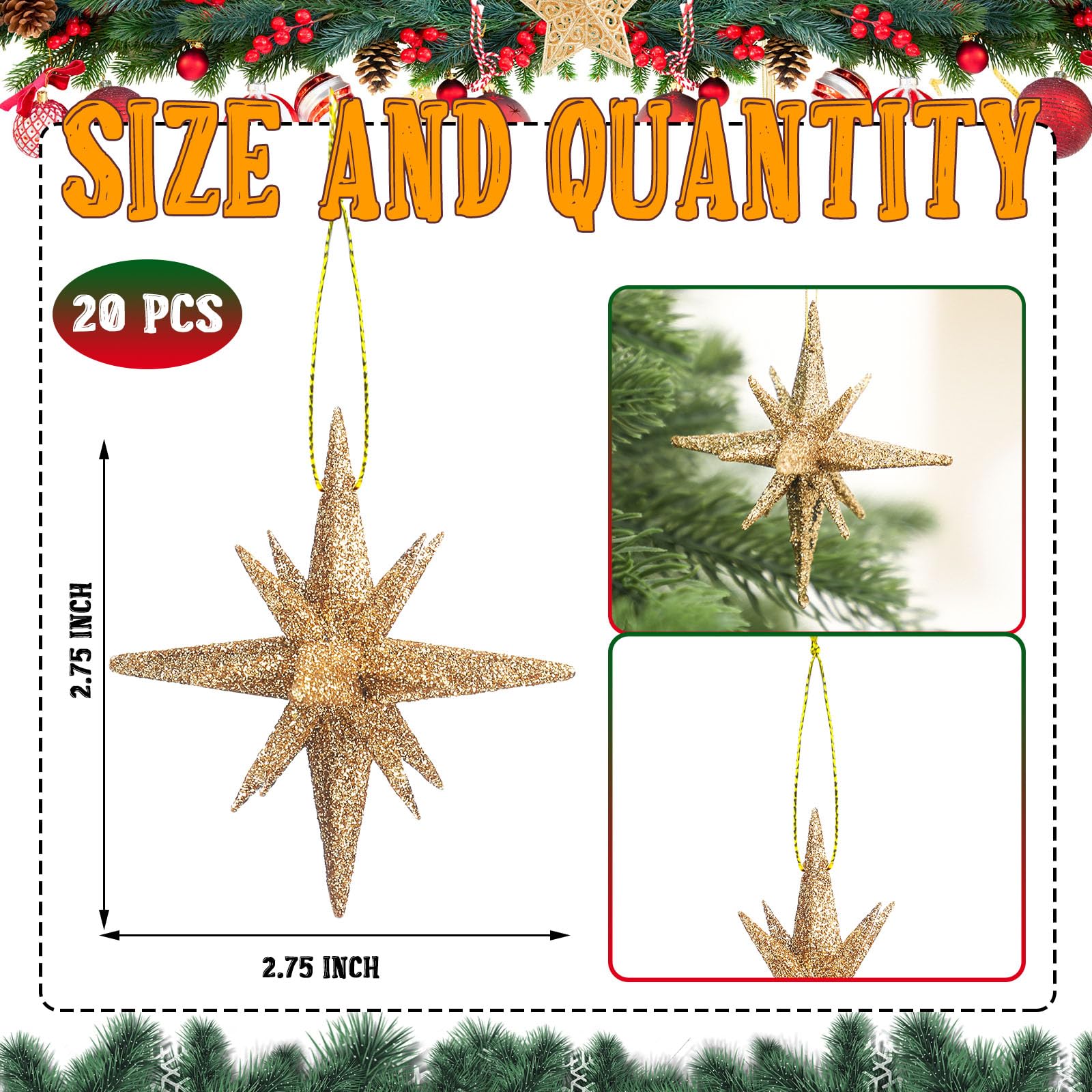 Beeveer 20 Pcs Christmas Bethlehem Star Ornament - 2.75 Inch Glitter Star of Christmas Tree Bethlehem Ornament for Xmas Holiday