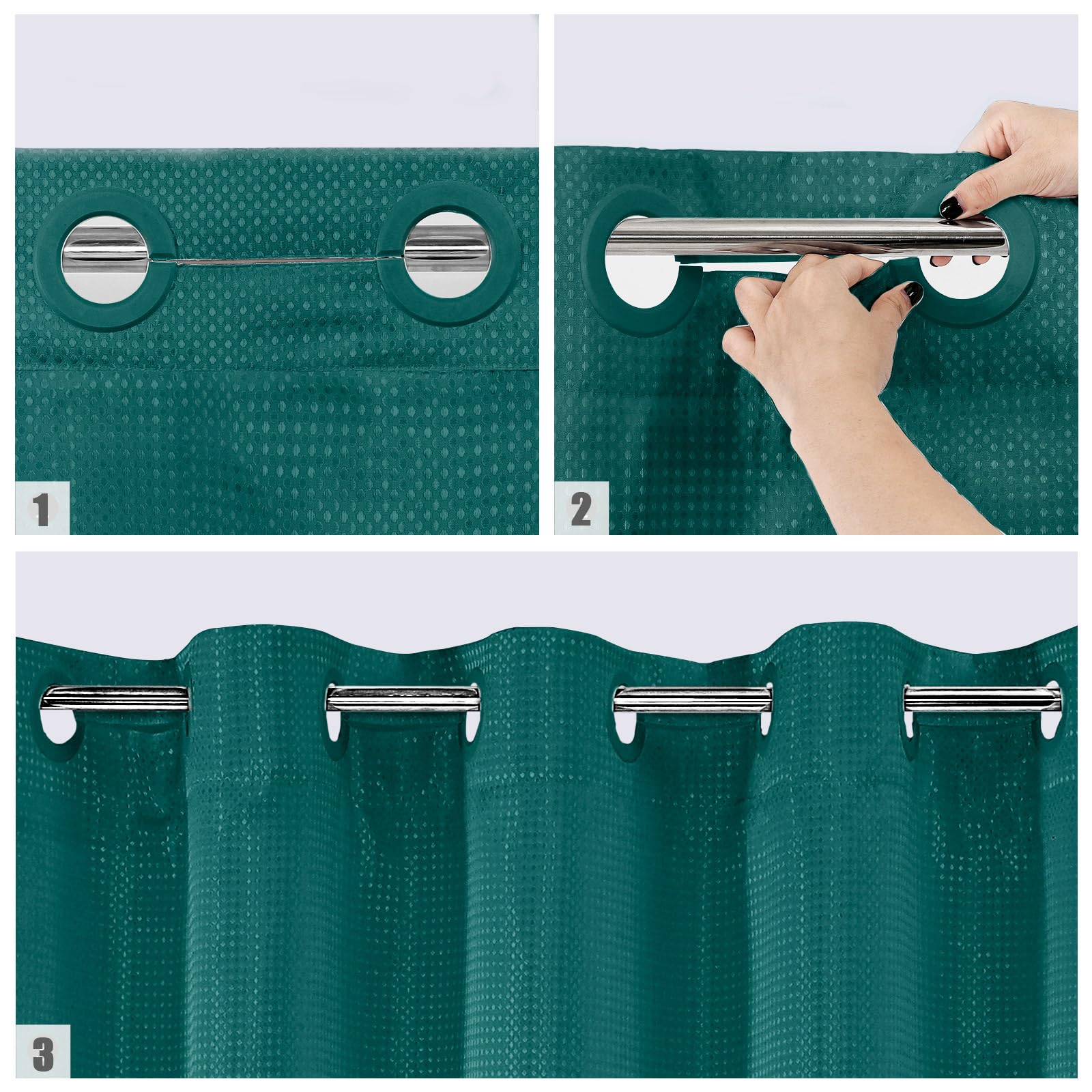 Mitovilla No Hooks Needed Extra Long Shower Curtain Set With Snap-In Liner, Green 86 Inch Xl Heavyweight Waffle Cloth Shower Cur