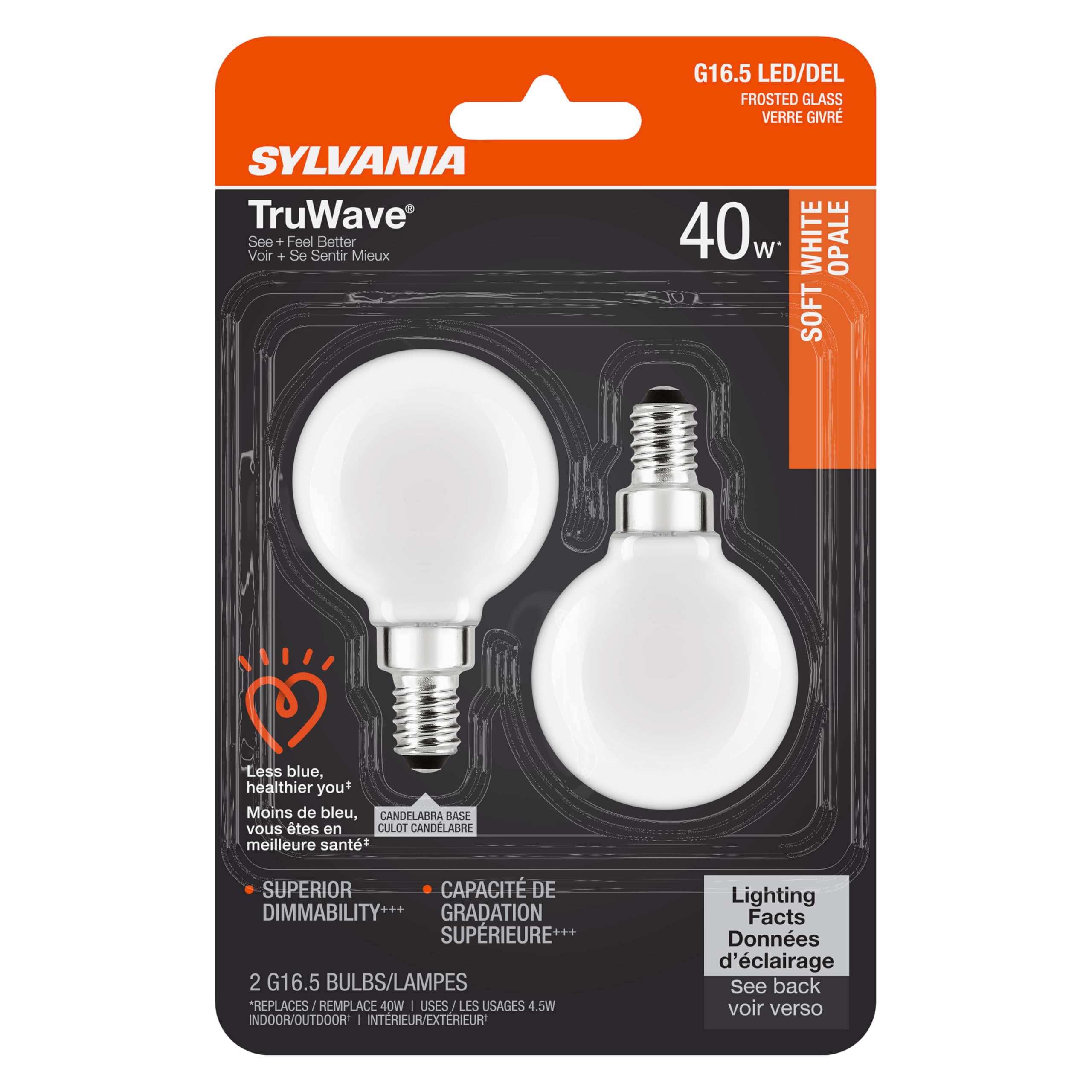 Sylvania Led Truwave Natural Series Dacor Globe G 165 Light Bulb, 40W Equivalent, 45 Efficient, Candelabra Base, Dimmable, 350 L