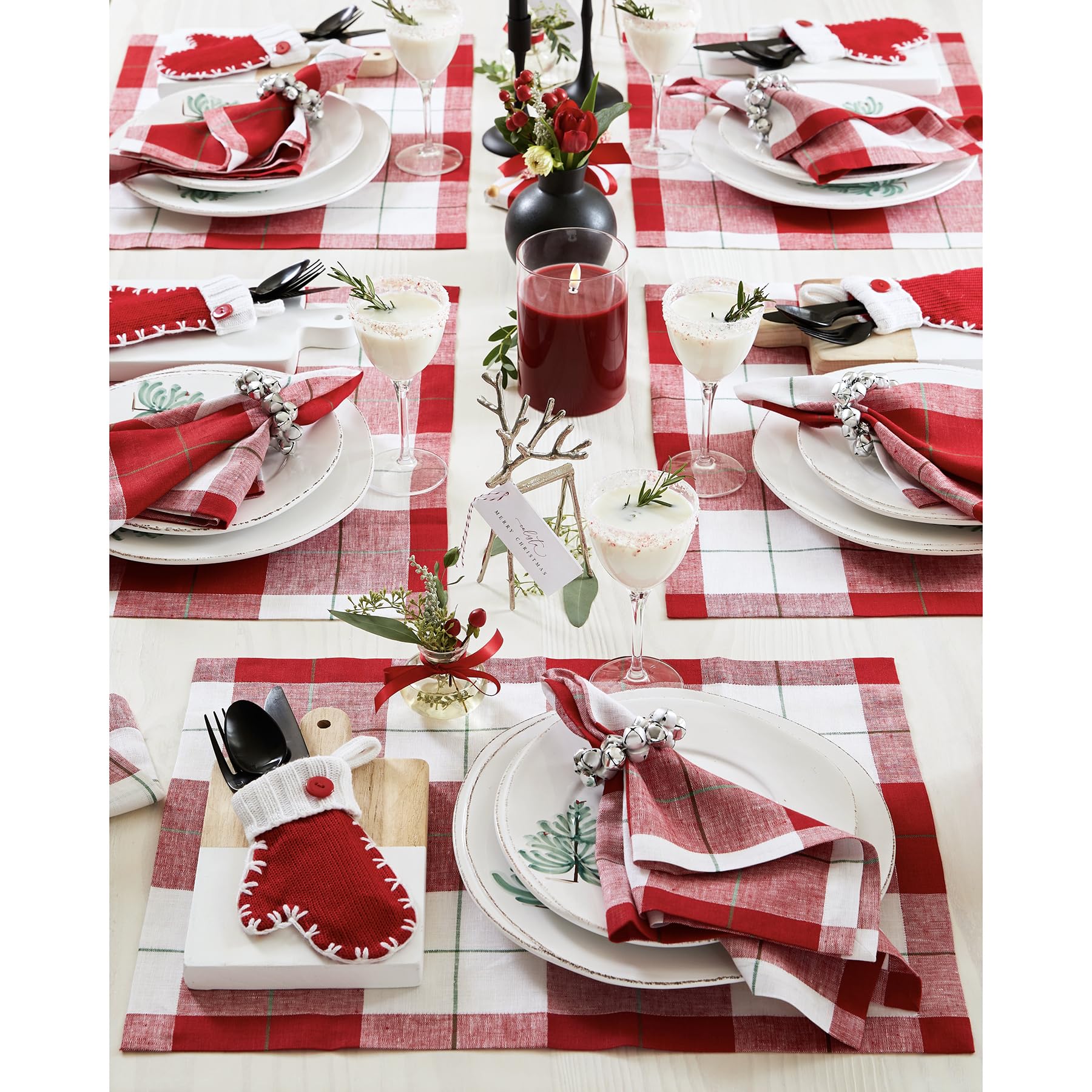 Solino Home Linen Placemats Set Of 4-100% Pure Linen Very Merry Plaid Cloth Placemats 20'' L X 14'' W Inch - Handcrafted And Mac
