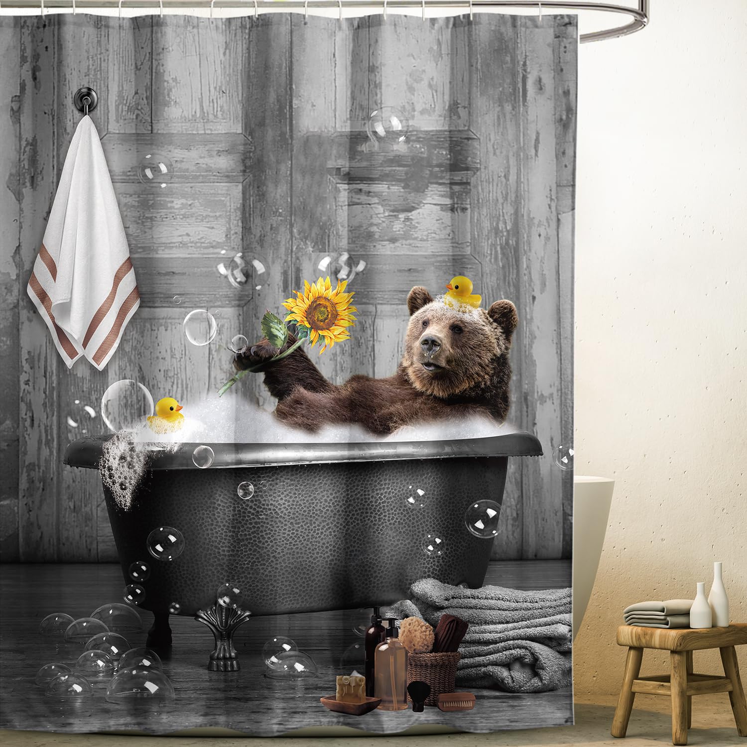Yookeb Bear Funny Bathroom Shower Curtain 60W By 71H Inch Farmhouse Wood Wooden Vintage Rustic Farmhouse Cabin Animal Polyester