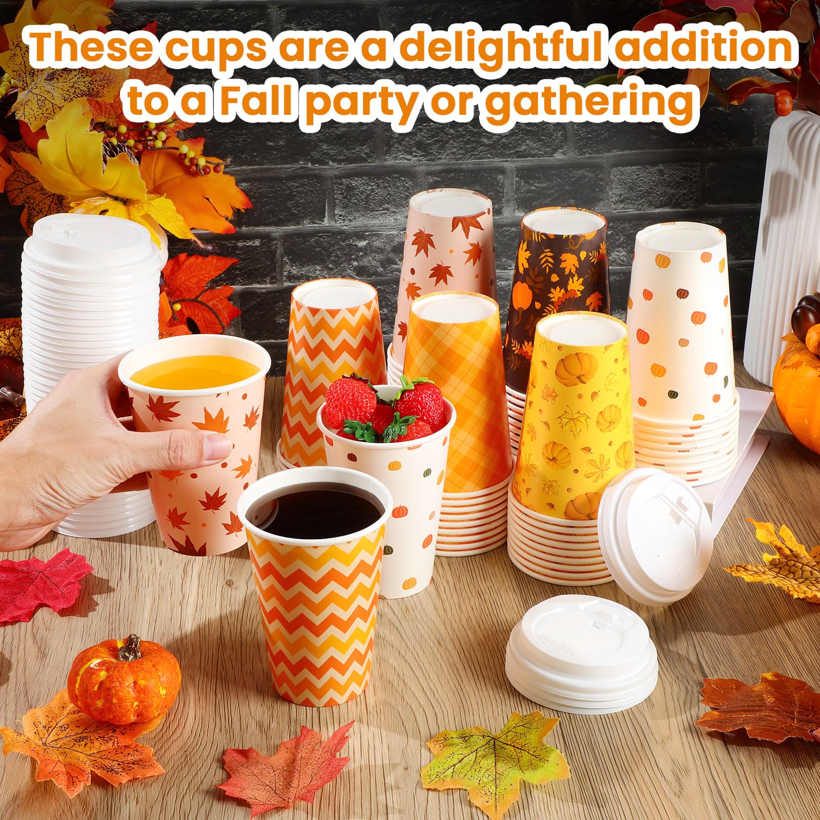 Sliner 120 Pcs Fall Thanksgiving Disposable Coffee Cups with Lids 12 oz Autumn Hot Cold Drinks Paper Cups Pumpkin Maple Leaf Bev