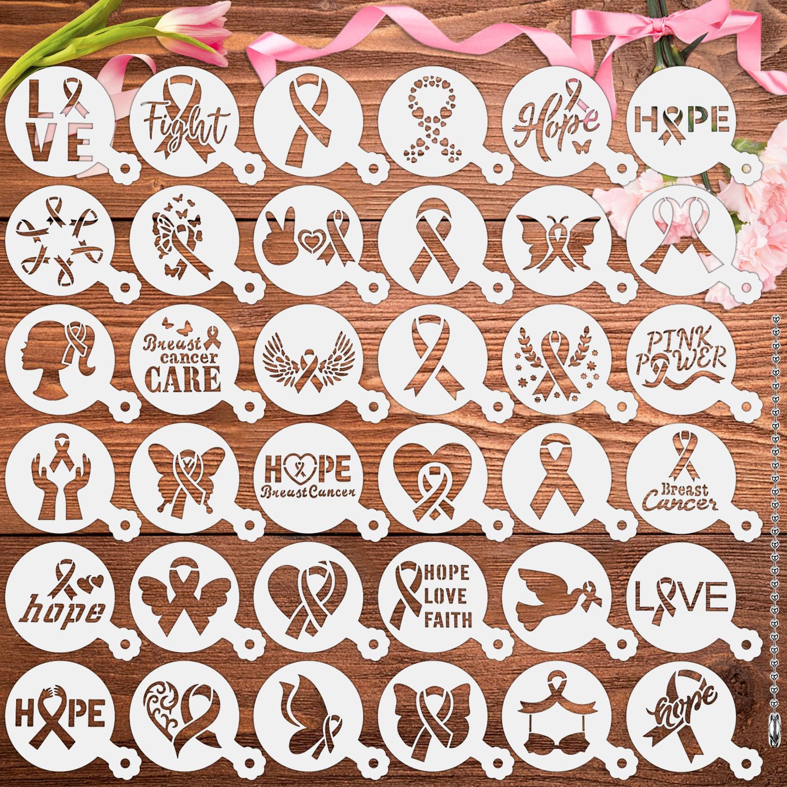 JULBEAR Breast Cancer Awareness Cookie Stencils, 36pcs Pink Ribbon Reusable Coffee Decoration Stencils Templates Tools for Cooki