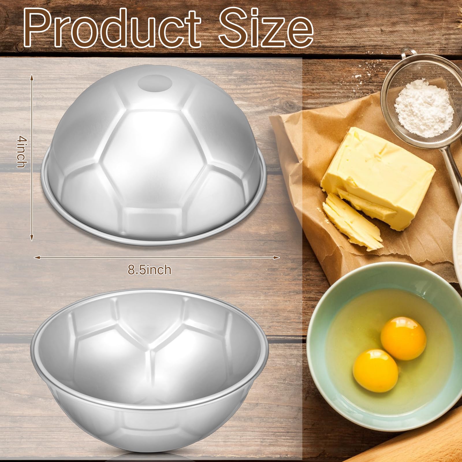 Hushee 2 Pcs Football Cake Pan 8 Inch Aluminum Hemisphere Pan Nonstick 3D Round Shape Cake Molds For Baking Sphere Half Ball Cak
