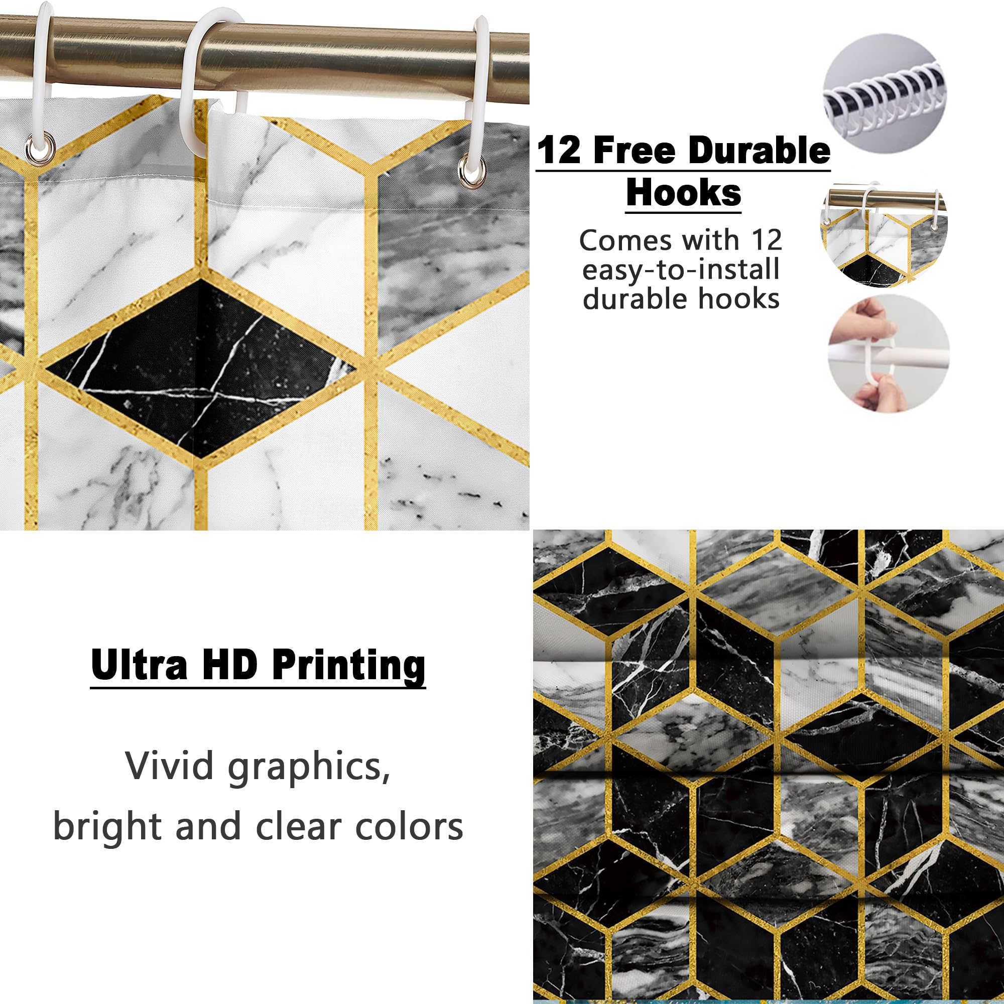 Poedist 4 Pcs Bathroom Shower Curtain Set  Honeycomb Marble Bathroom Sets with Rugs(Bath Mat U Shape and Toilet Lid Cover Mat) and 12 Durable Hooks