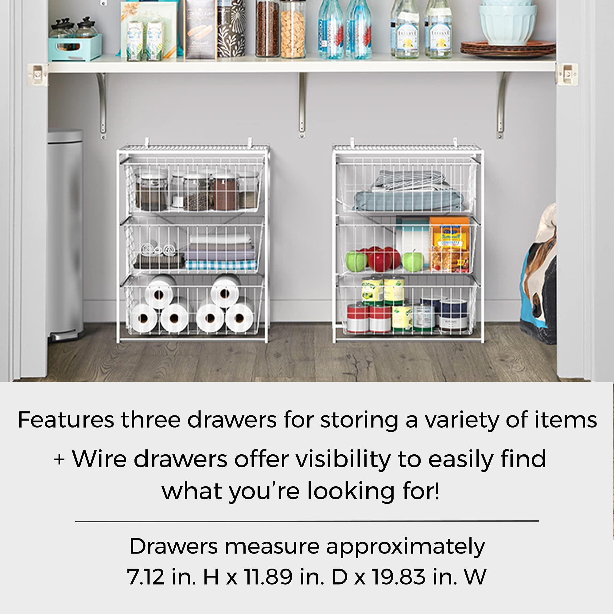 Closetmaid Wire Basket 3 Drawer Organizer Unit With Shelf For Pantry, Closet, Clothes, Linens, Sturdy Steel, Easy Assembly, Whit