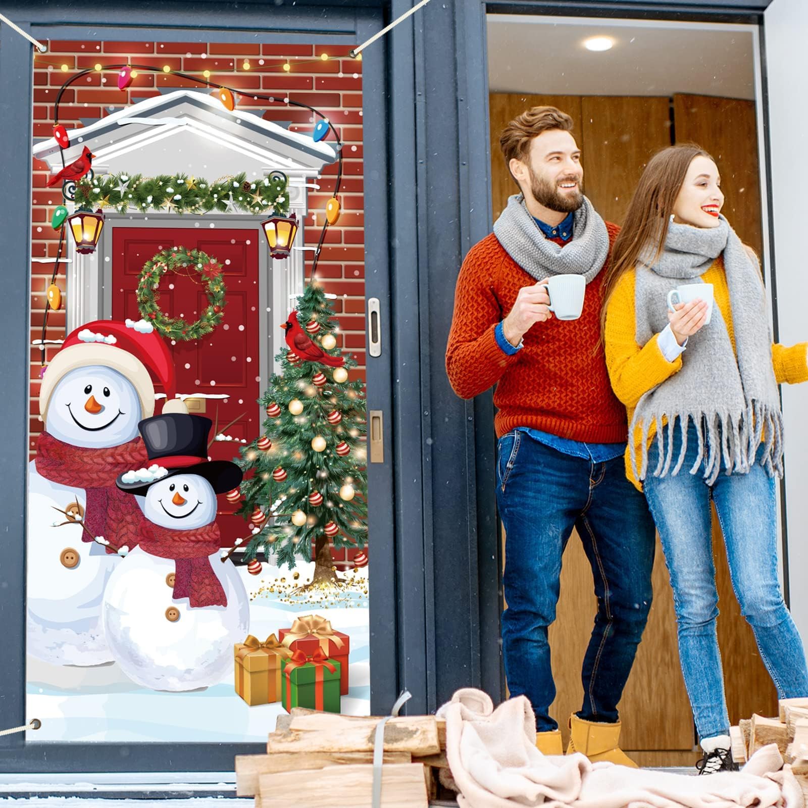 Christmas Snowman Door Cover Decorations 35.4 X 71 Inch Merry Xmas Cardinal Hanging Wall Decoration Sign Front Door Or Indoor Ho