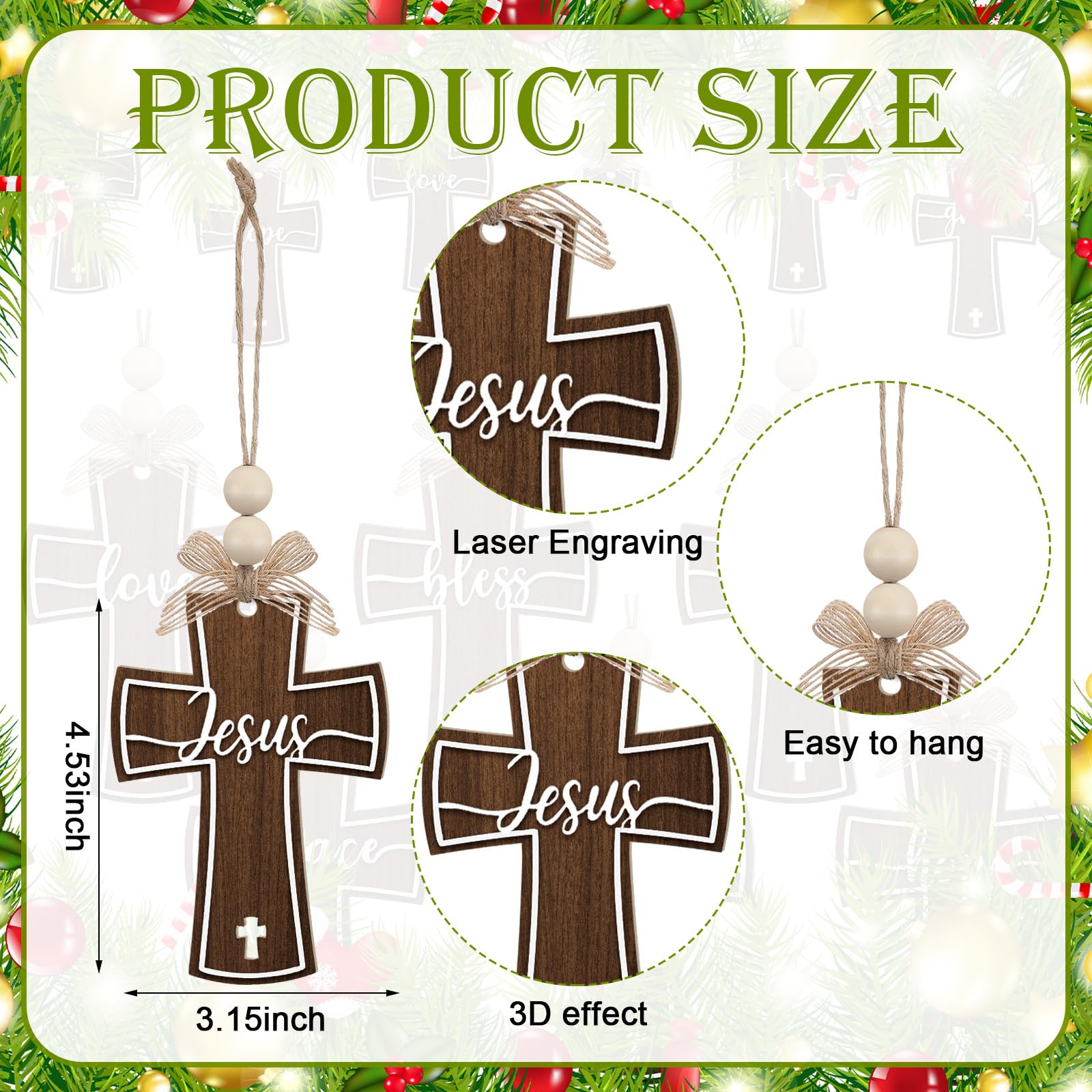 Vercraft 24 Pcs Christmas Wooden Cross Ornaments for Tree Christian Religious Cross Church Hanging Ornaments Decorations Bulk Fa