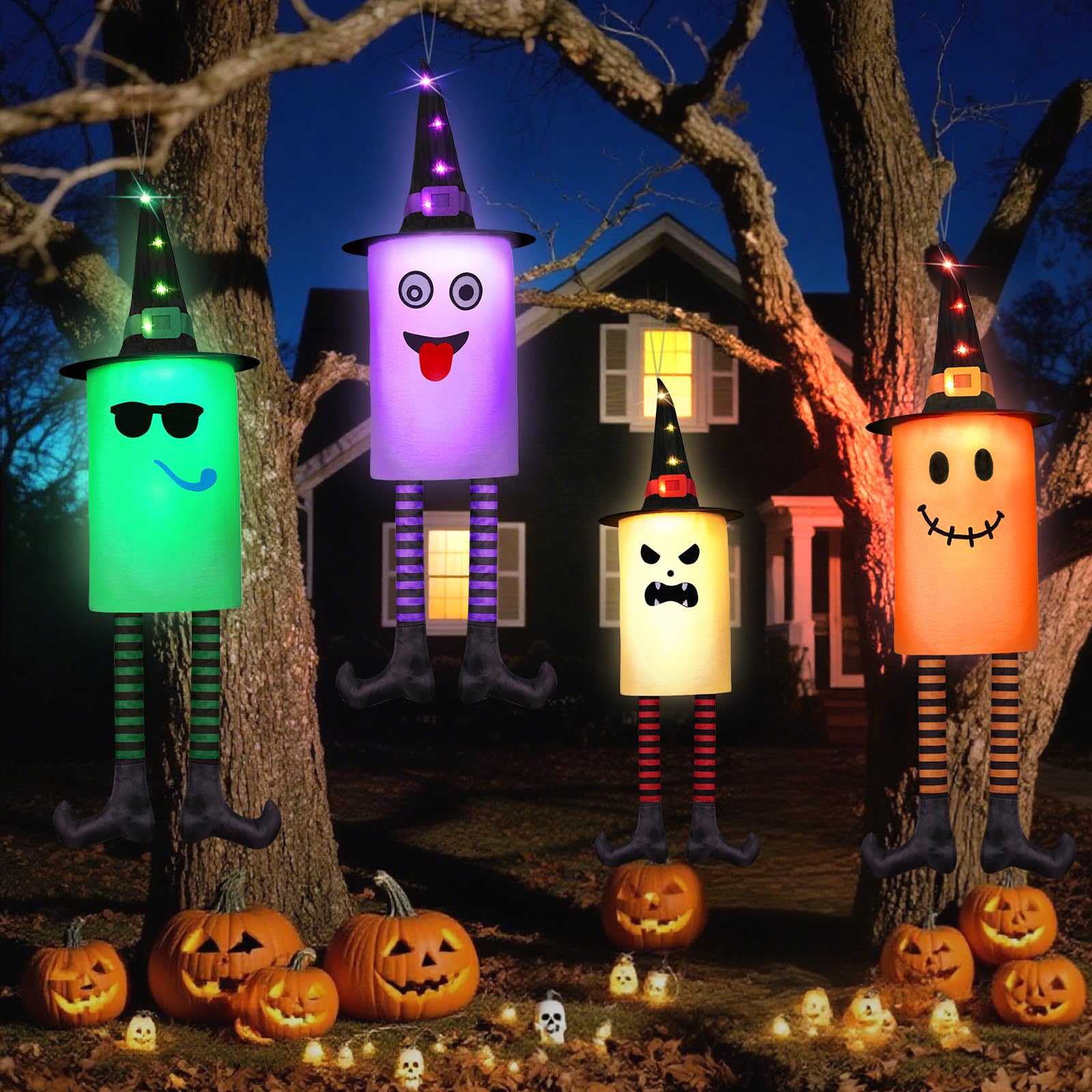 4 Pack Light Up Hanging Ghosts Halloween Decorations Outdoor, Glowing Ghosts with Witch Hats LED Halloween Ghost Lights for Yard
