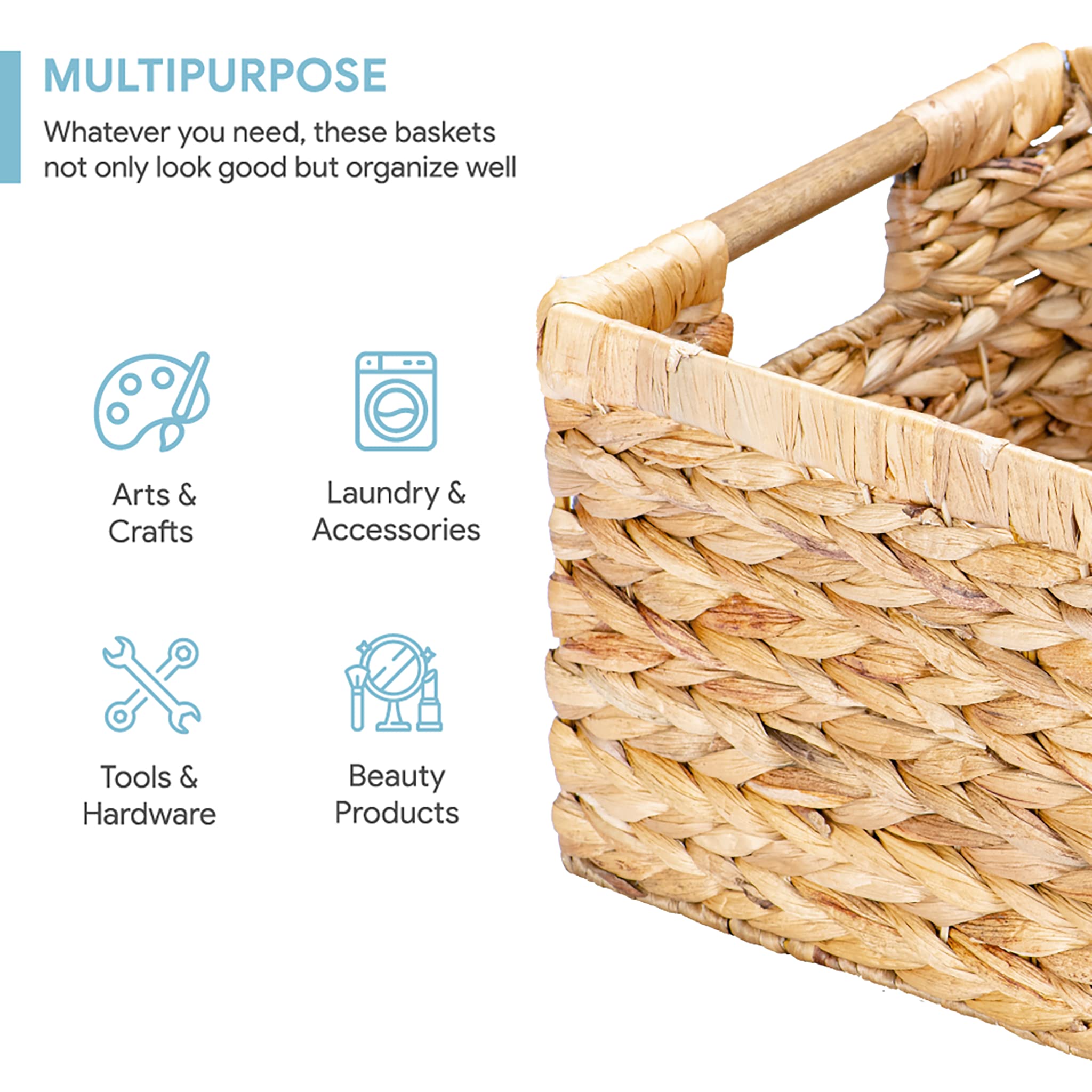 Vatima Large Rectangular Wicker Basket With Wooden Handles For Shelves And Storage - Natural Water Hyacinth Basket For Organizin