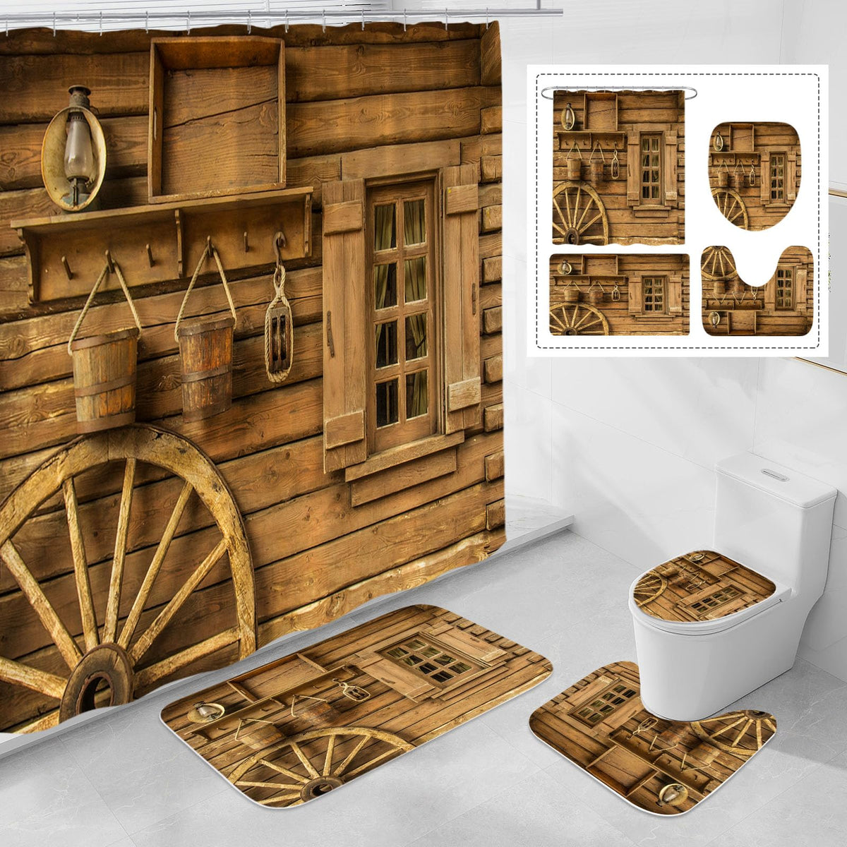 Litabel 4 Pcs Rustic Wooden Farmhouse Shower Curtain Set With Non-Slip Rugs, Toilet Lid Cover And Bath Mat, Farmhouse Bathroom D