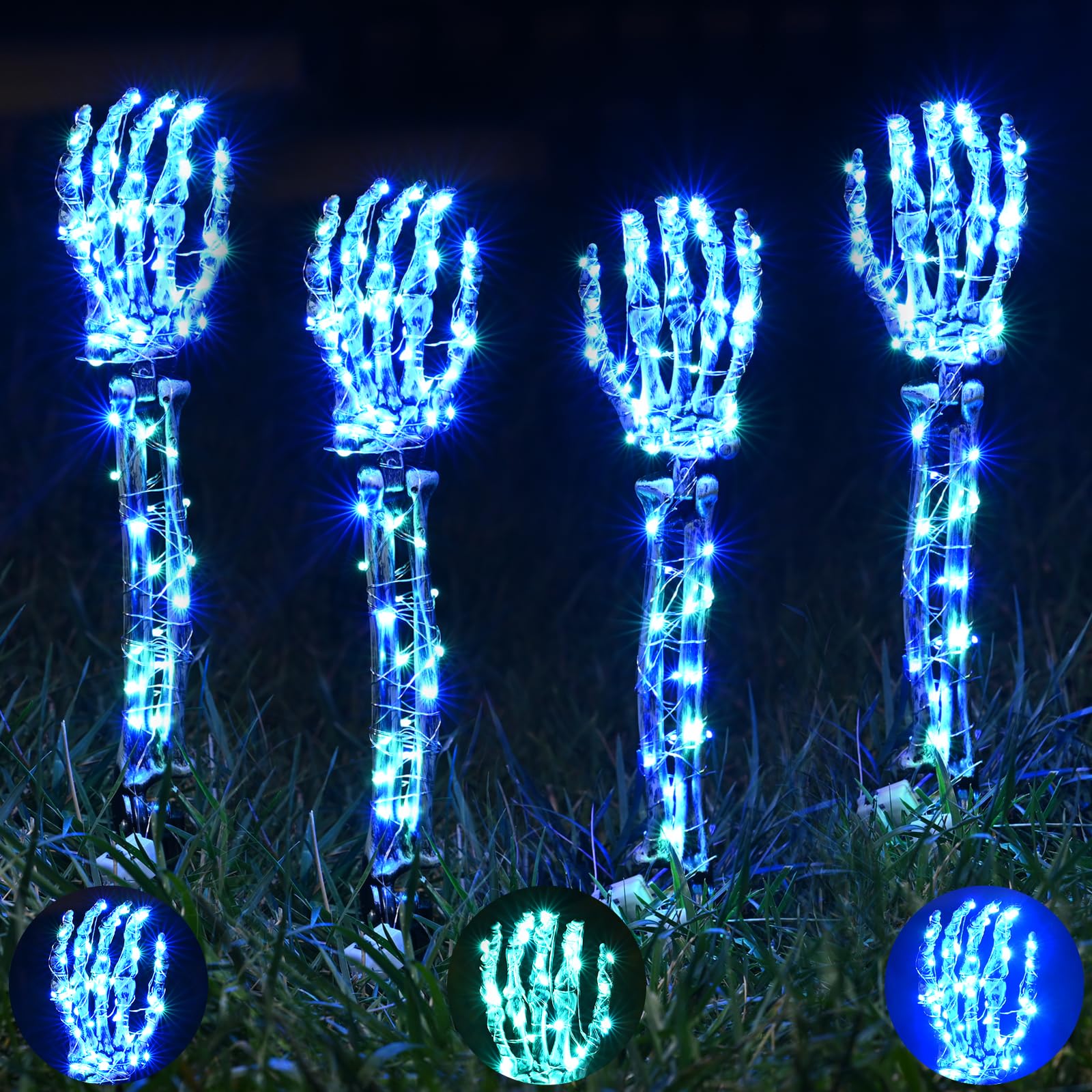 Halloween Lighted Skeleton Hands Set, 4 Pack Light Up Skeleton Arm Stakes, 4 x 3m 240 LED Green & Blue Lights with 3 Modes, Real