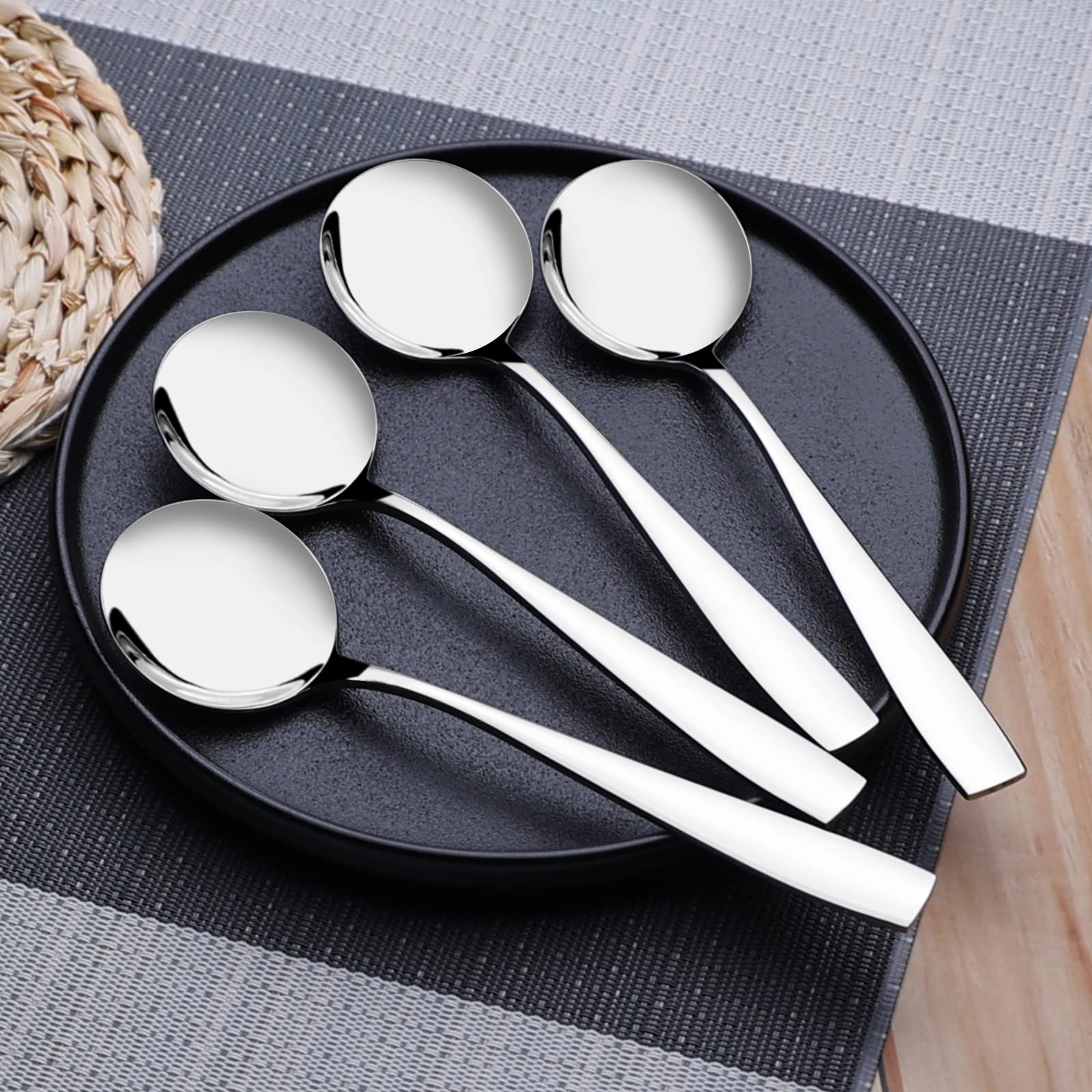 Anbers Stainless Steel Round Soup Spoons, 12 Pieces Round Bouillon Spoon