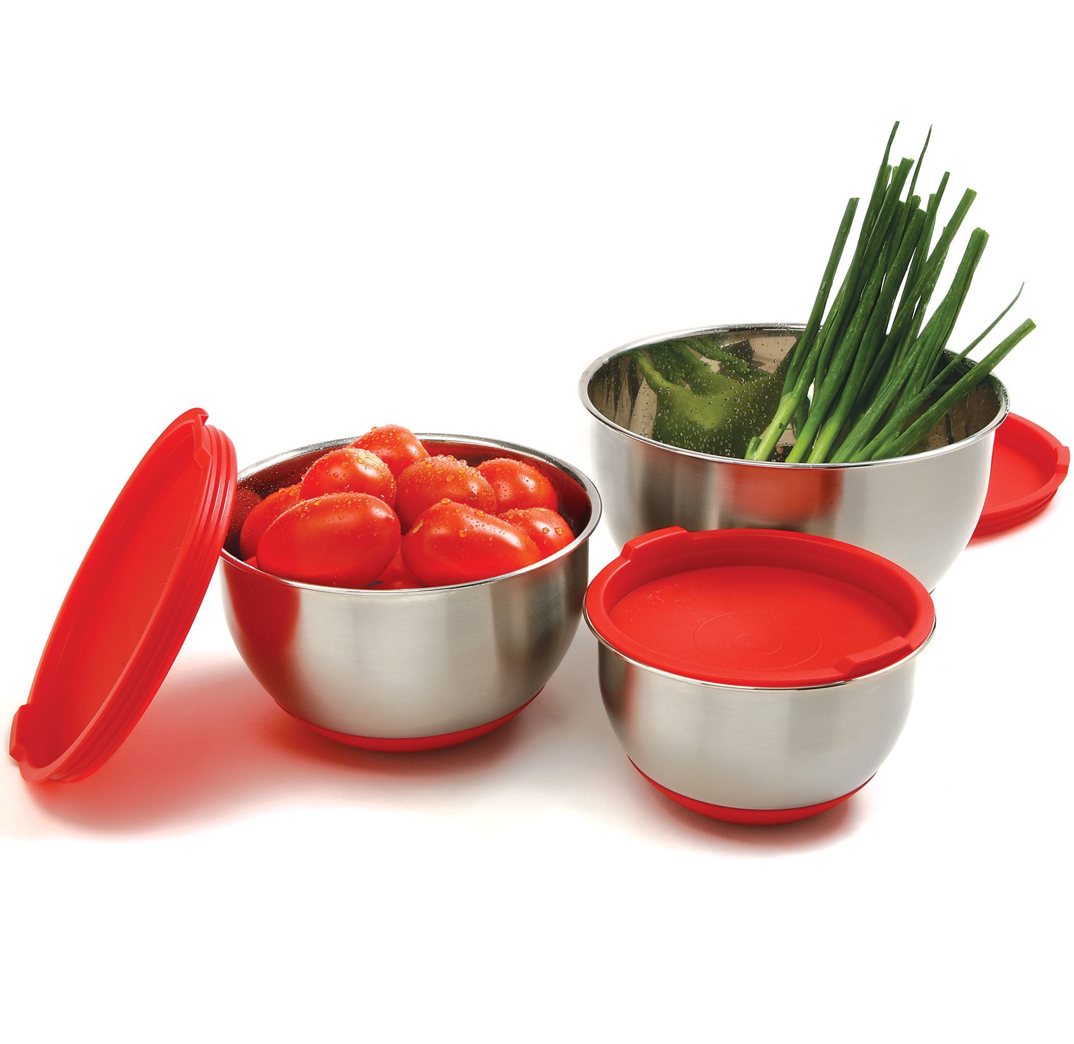 Norpro 3-Piece Stainless Steel Grip Bowls With Lids, Red