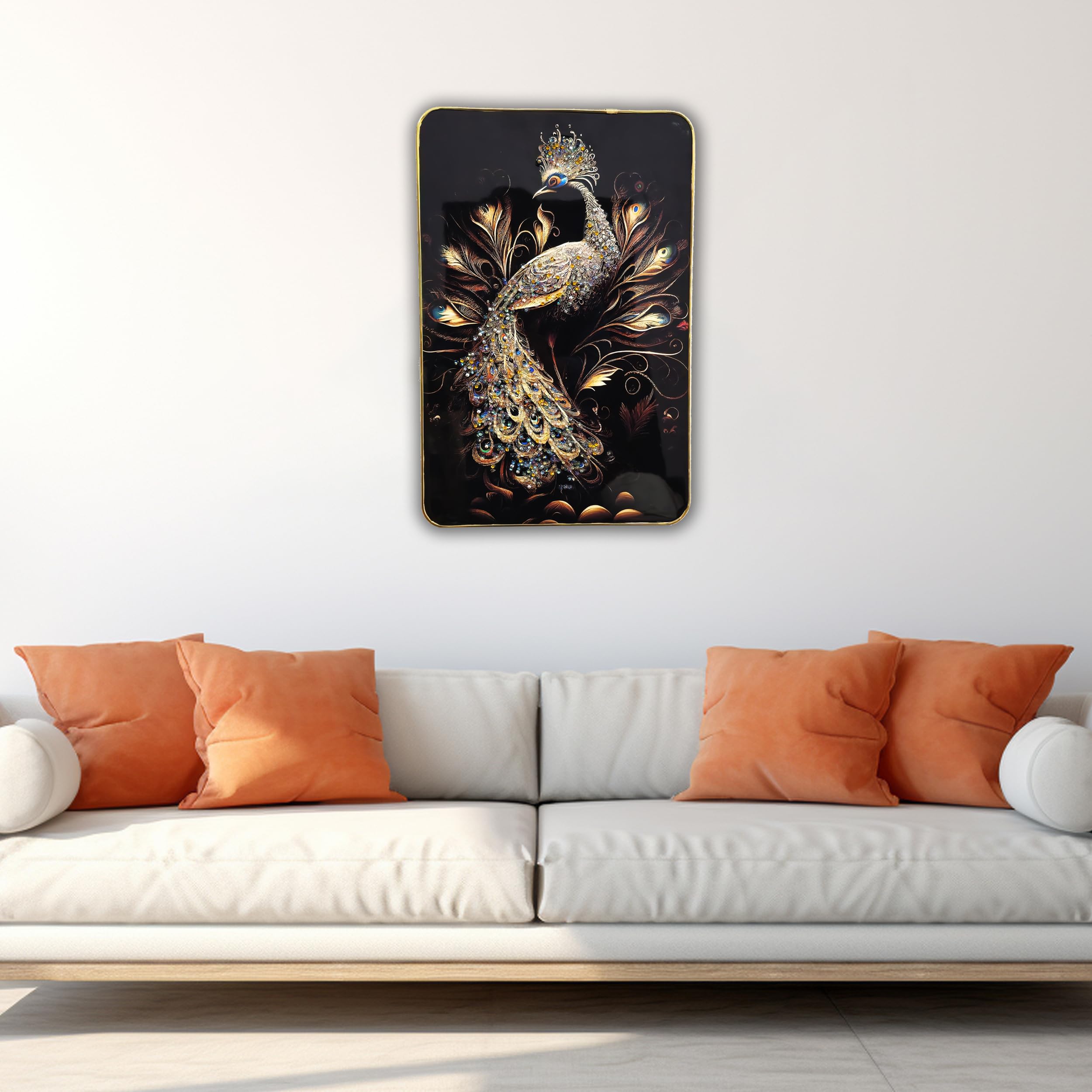 Masstone Decorative Peacock Wall Painting With Crystal Embedded High Gloss Surface Gold Slim Frame Embossed, 45X30 Cm Wall Hangi