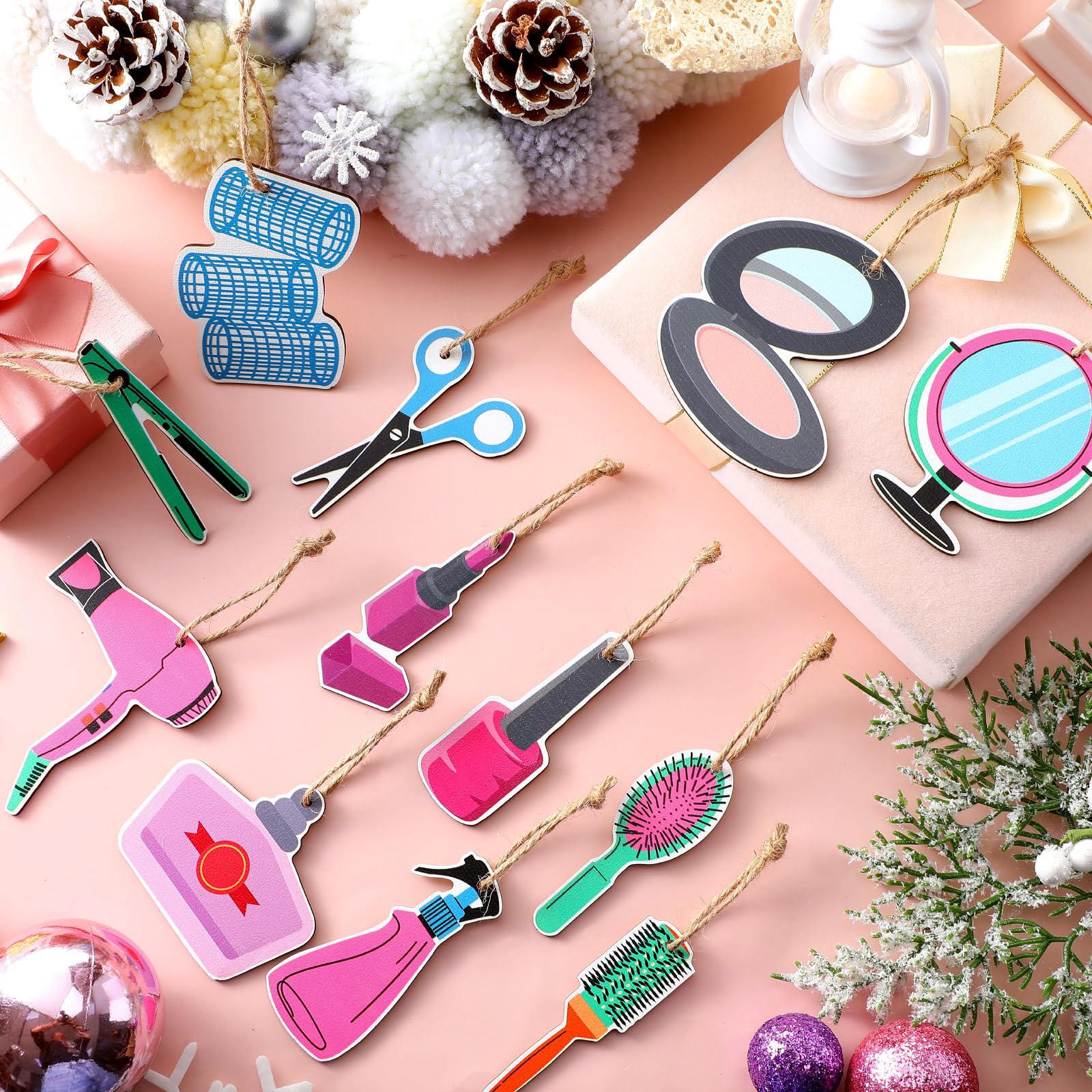Vercraft 24 Pcs Hairdresser Ornaments Christmas Tree Hair Salon Barber Decorations Hairstylist Gifts Wooden Makeup Hanging Ornam