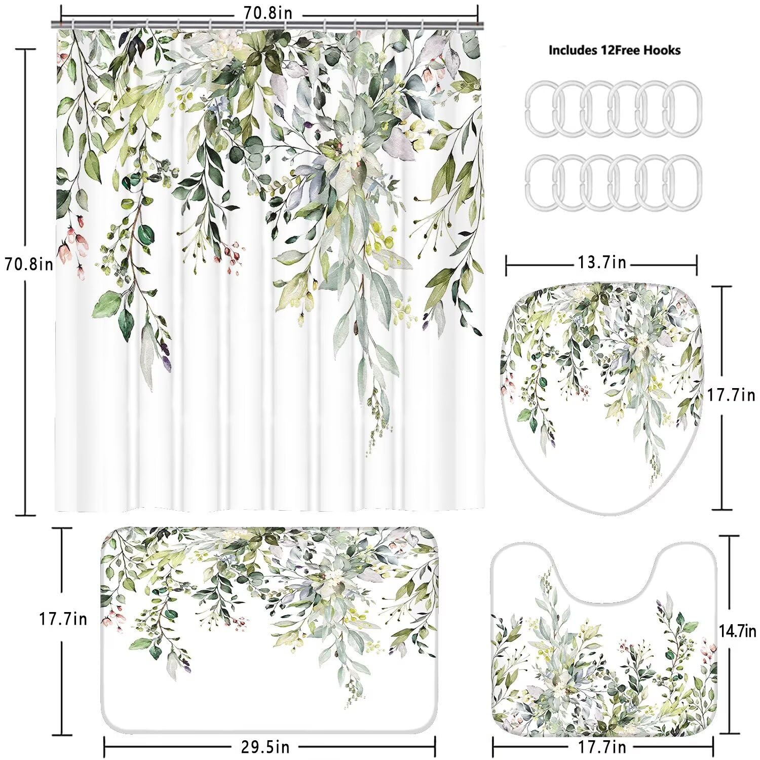 Azhm Sage Green Eucalyptus Plant Shower Curtain Set 4Pcs Watercolor Leaves Floral Bathroom Sets With Shower Curtain And Rugs, Fa