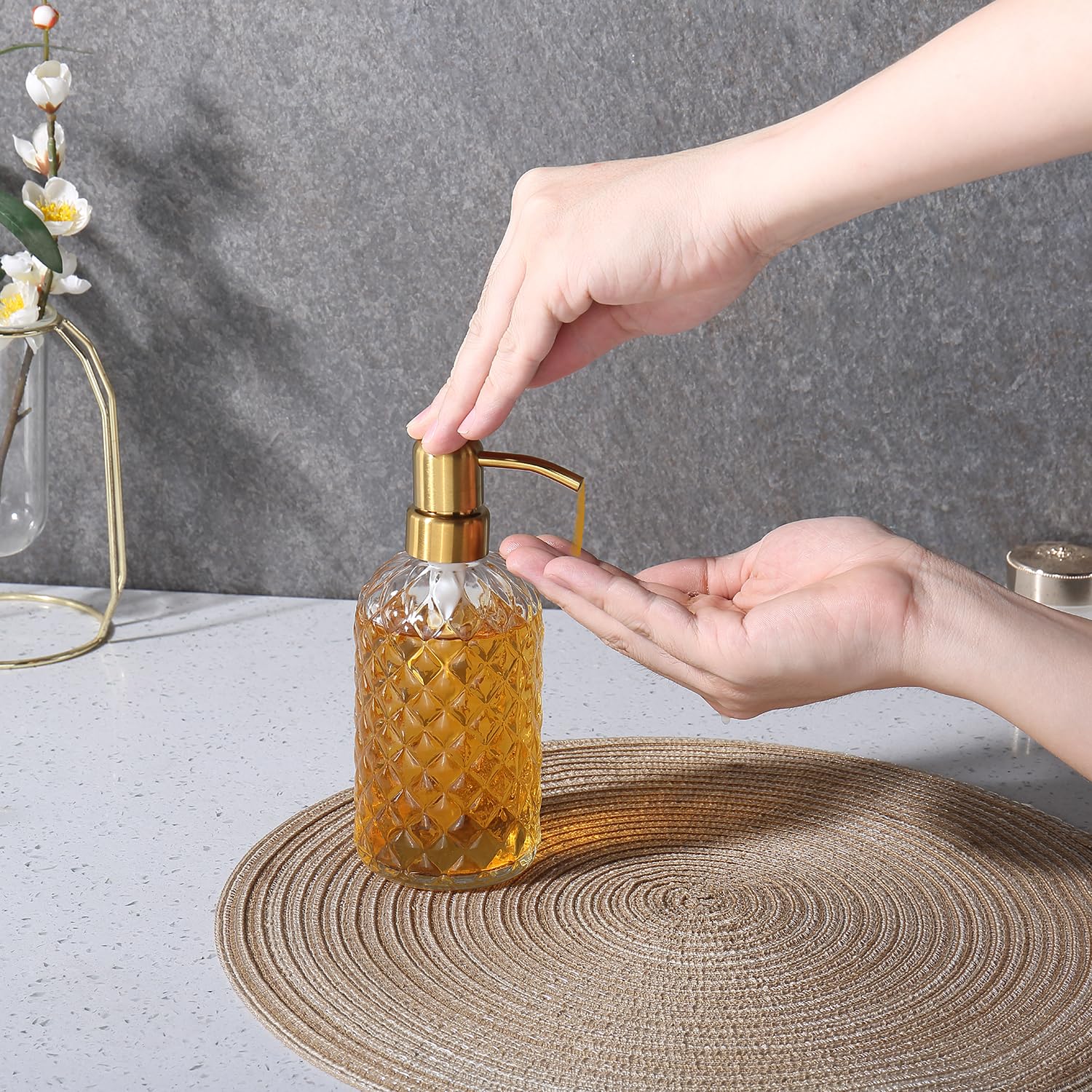 Tutew Glass Gold Bathroom Soap Dispenser,16 Oz Glass Dish Soap Dispenser With Rustproof Stainless Steel Gold Pump, Brushed Gold