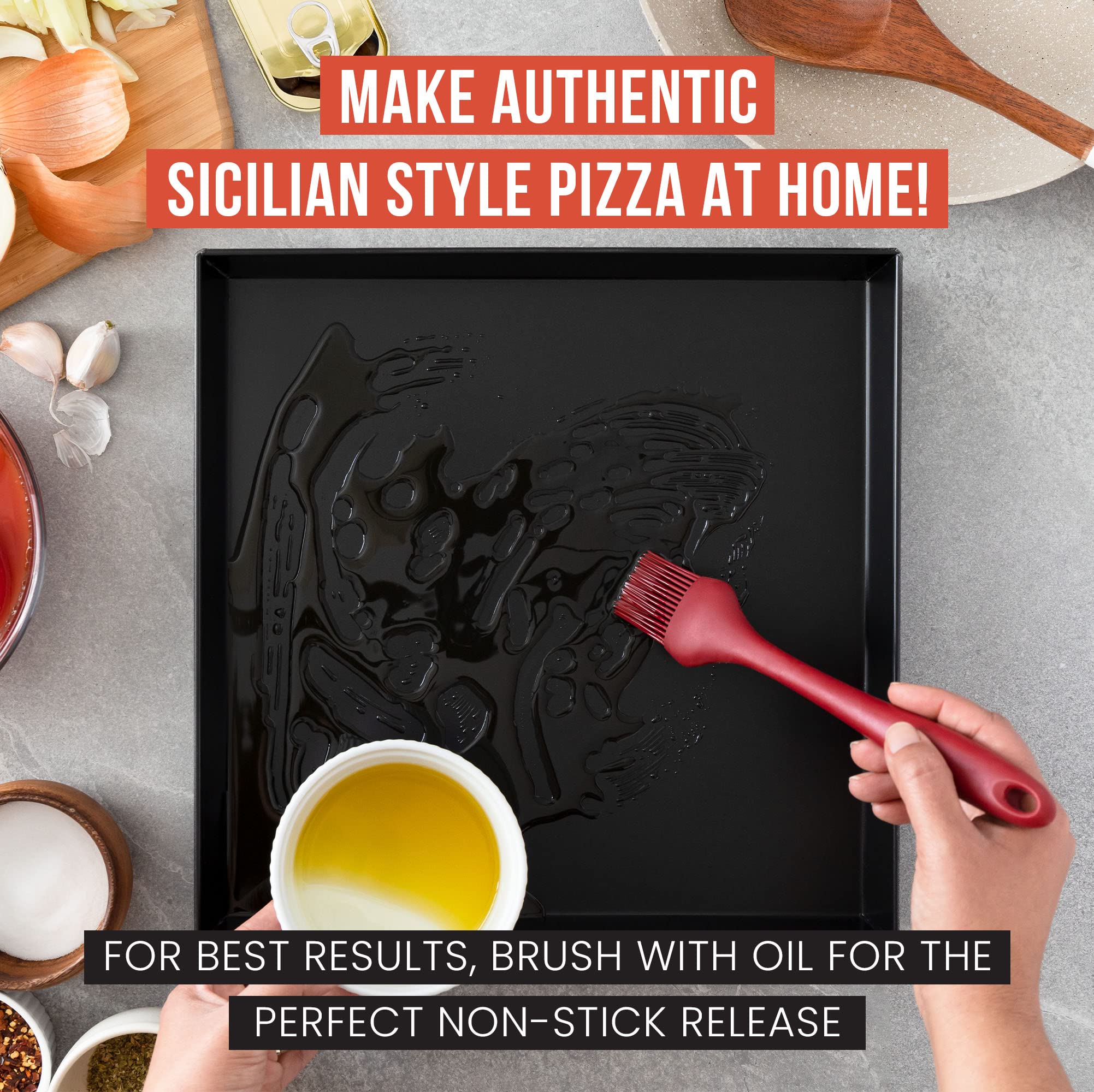 Chef Pomodoro Sicilian Deep Dish Square Pizza Pan, 13.2 X 13.2 X 1.5 Inch, Non-Stick Aluminum, Focaccia Crust, Dough Pre-Seasone
