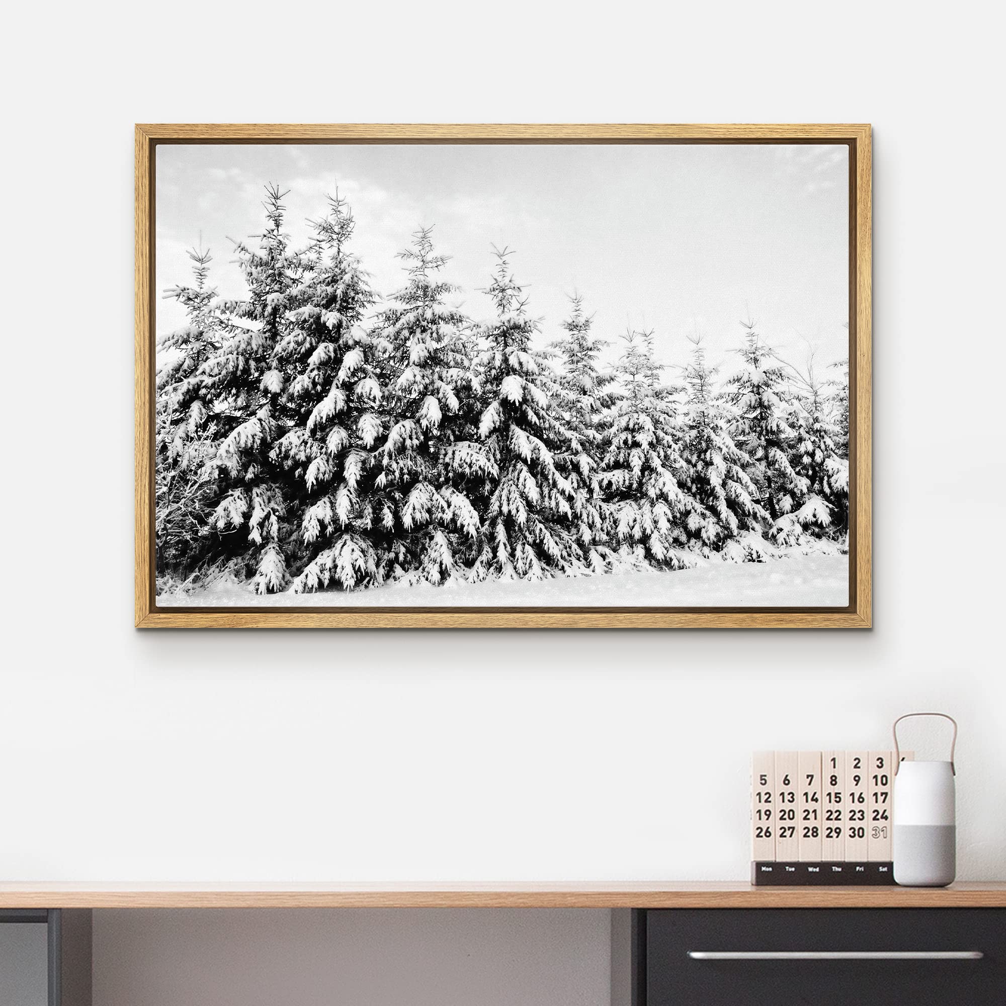 wall26 Framed Canvas Print Wall Art Snow Covered Trees in The Winter Forest Floral Nature Photography Realism Expressive Dark Black and White for Living Room  Bedroom  Office - 16''x24'' Natural