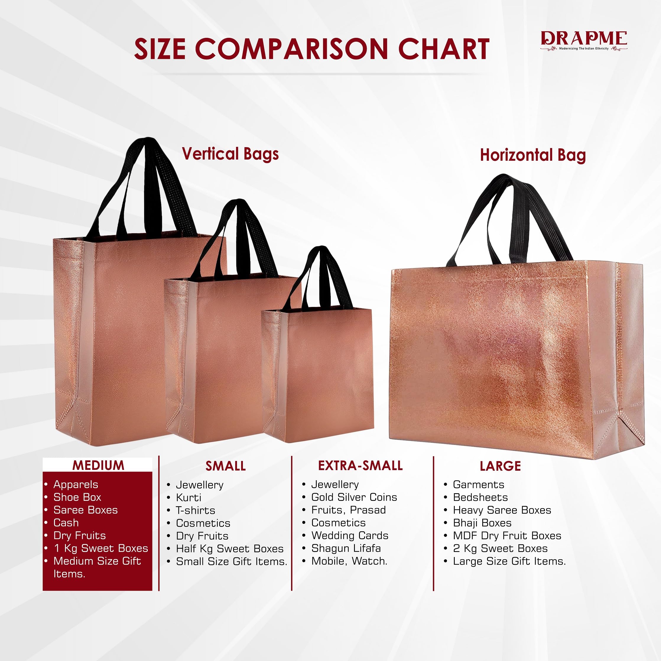 DRAPME Medium Size Pack of 50 Pcs Glossy Metallic Laminated Non-Woven Reusable Eco-Friendly Party Return Gift Bags (Copper) (Med