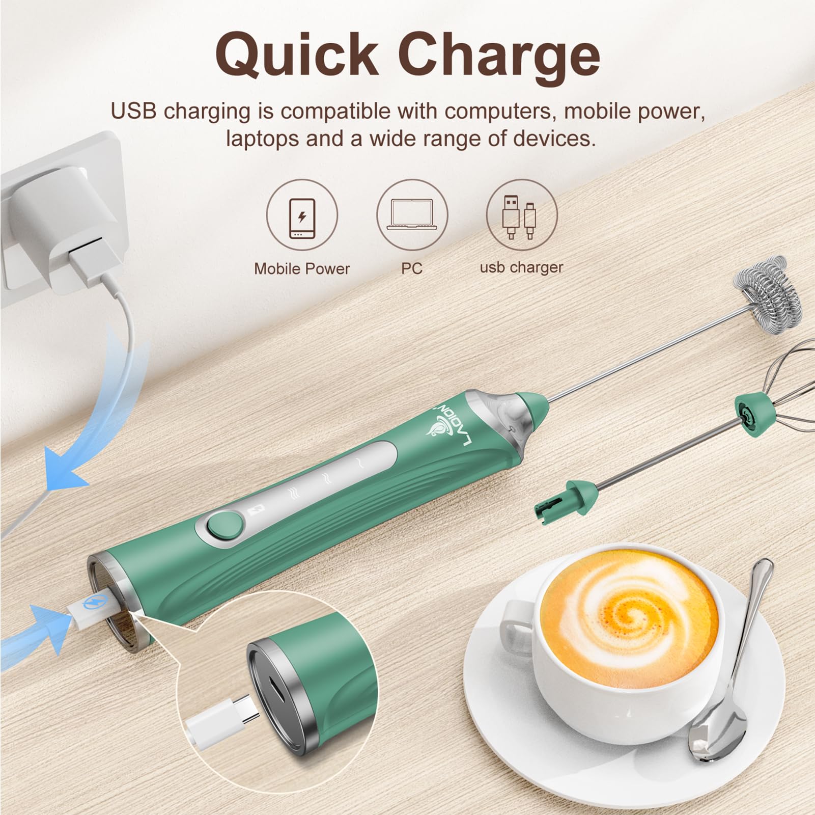Laoion Rechargeable Frother Wand With Stand, Milk Frother With Detachable Stainless Steel Double Rings Whisk, 3-Speed Handheld E
