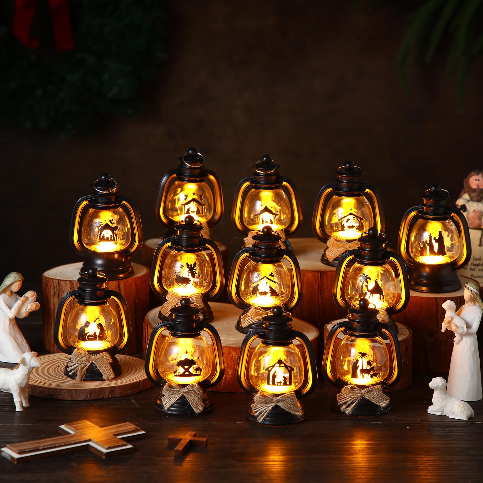 ROCEEI 24 Pcs Christmas Mini Religious Lantern Nativity Scene Table Centerpiece Decorative The Birth of Jesus Small Portable Lan