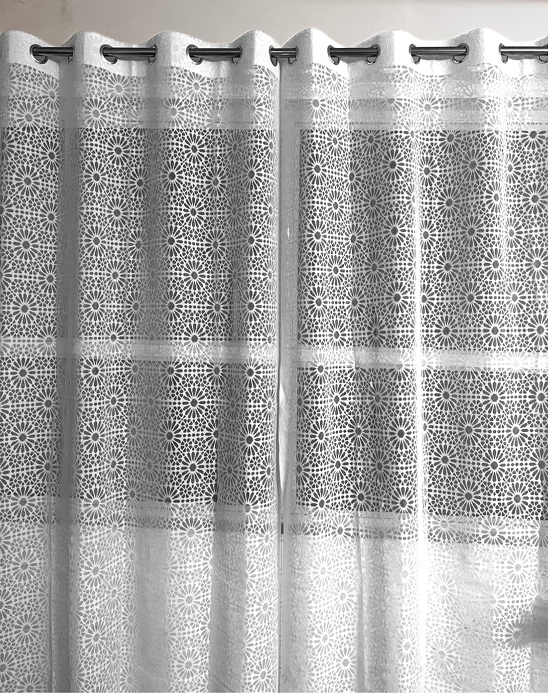 Fabrilia Geometric Pattern Net Semi Sheer Grommet Curtains For Living Room/Bedroom, 7 Feet Door, White, Set Of 2