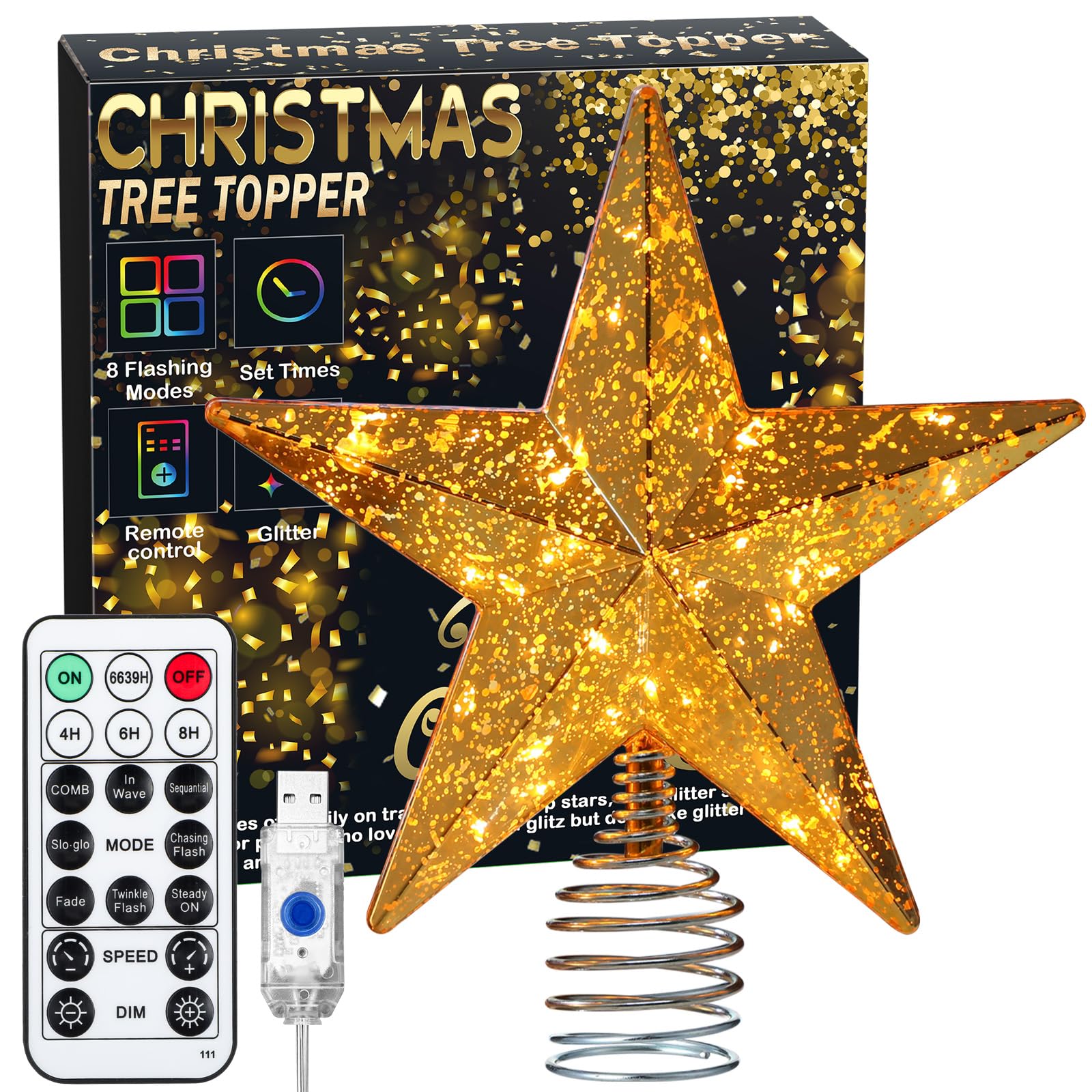 Gold Christmas Tree Star Topper with Lights, 8.5-Inch Light-Up Christmas Tree Topper with Remote Control, 4 Brightness Levels & 
