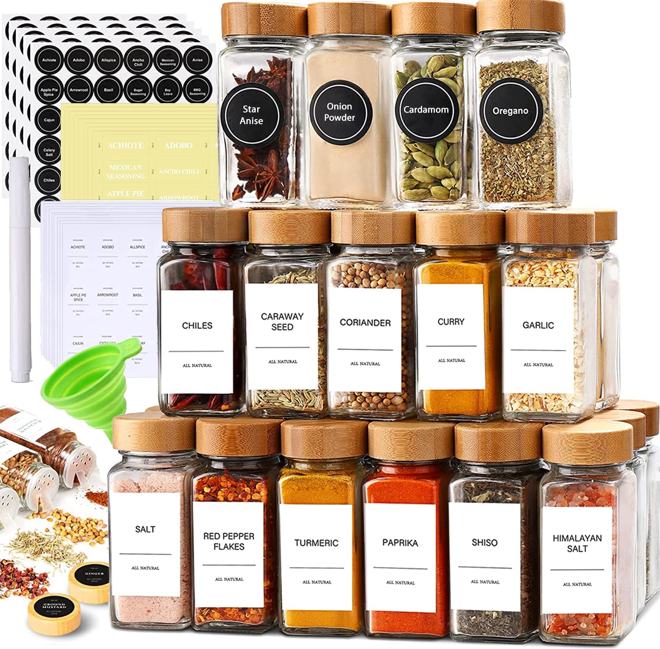 24Piece Spice Jars Set by Leraze: Glass Jars with Bamboo Lids, Labels & Funnel, Airtight Kitchen Storage