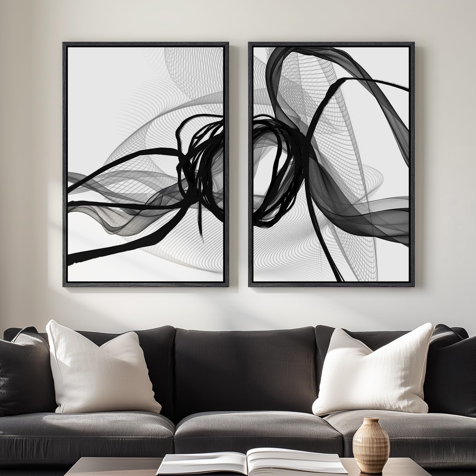 Large Framed Black And White Abstract Wall Art For Living Room, Set Of 2 Modern Canvas Prints Paintings Artwork For Walls, Minim