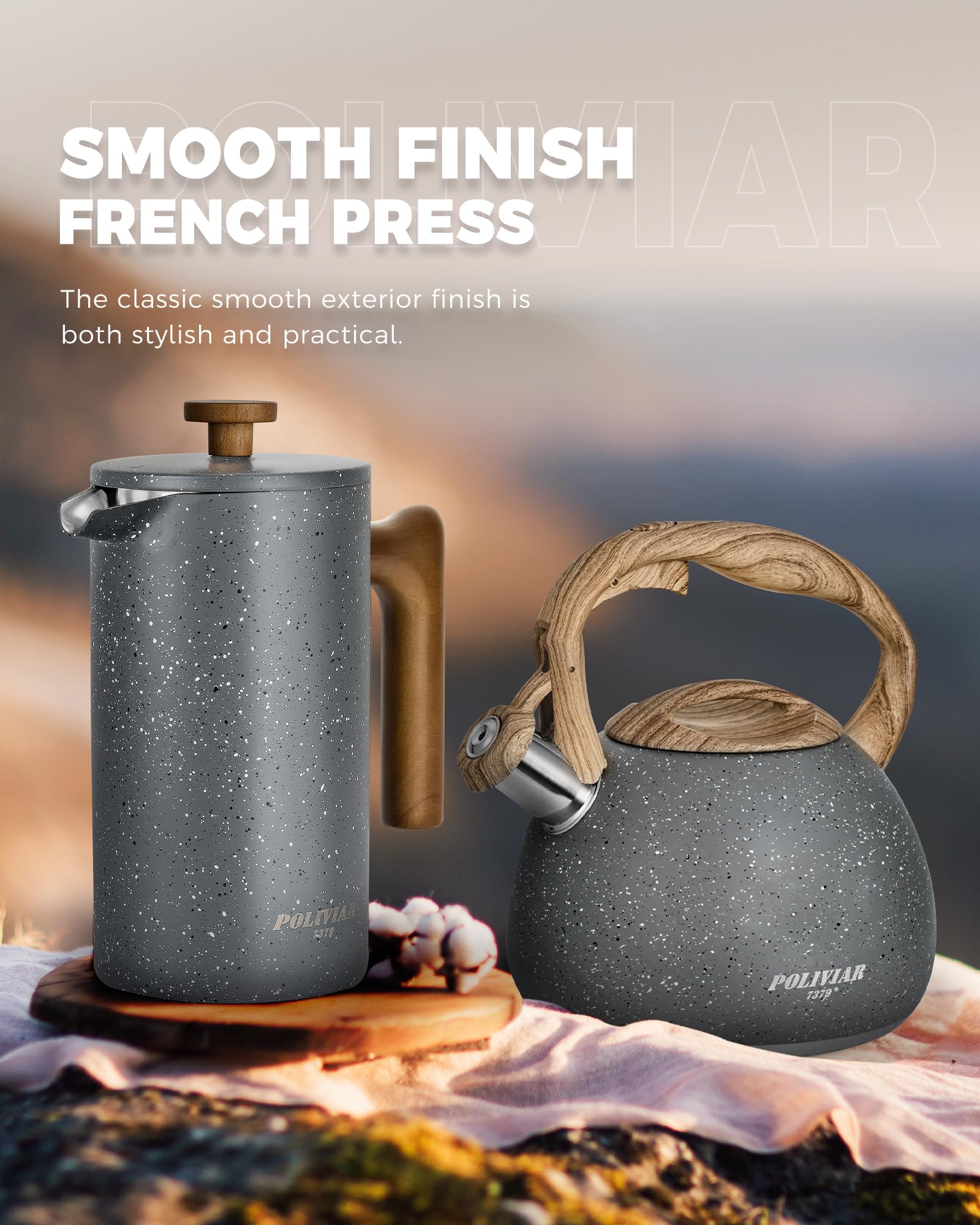 POLIVIAR French Press Coffee Maker  34 Ounce Coffee Press with Real Wood Handle  Double Wall Insulation & Dual-Filter Screen  Food Grade Stainless Steel for Good Coffee and Tea (Lava)