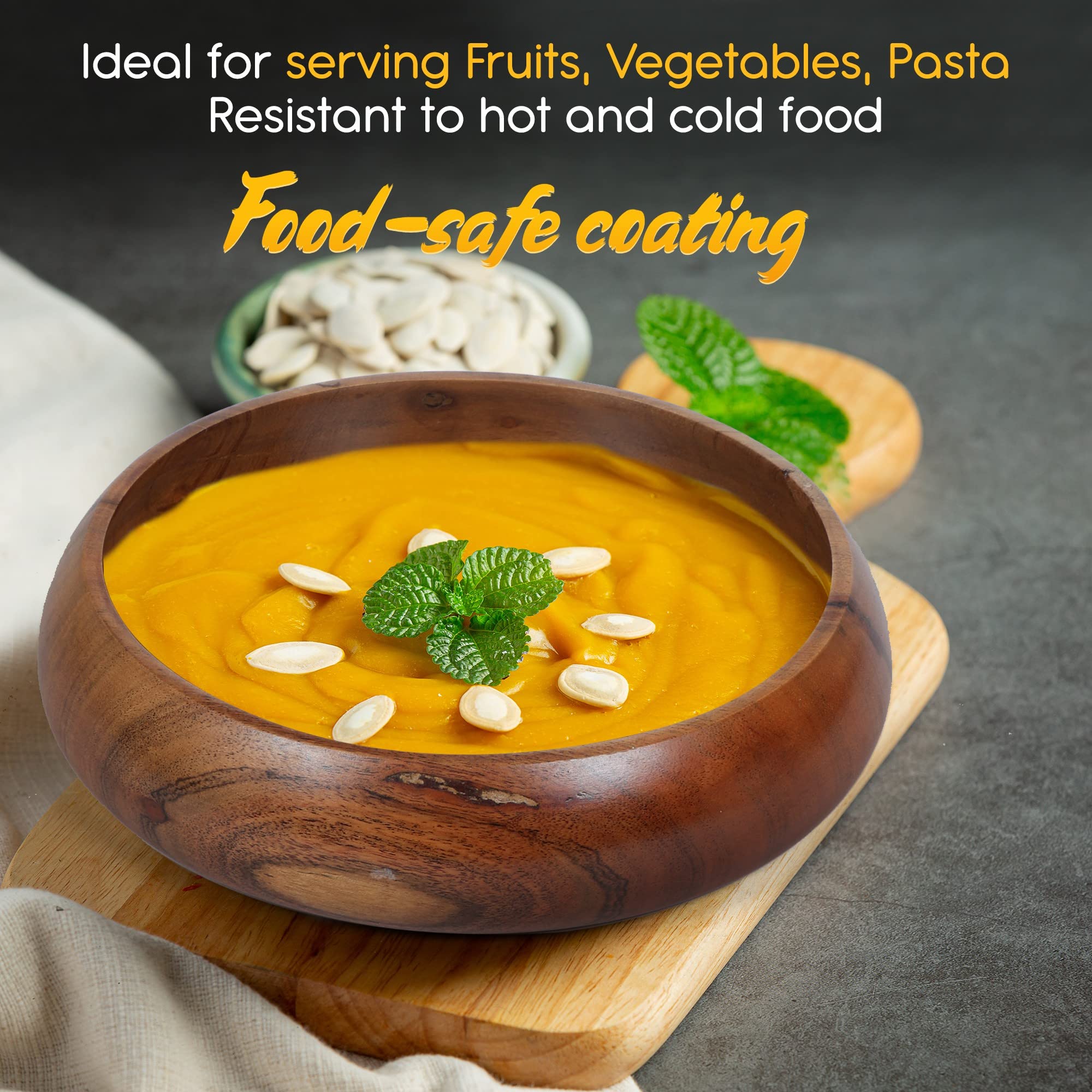 Lavaux Designs Acacia Wooden Salad Bowls Set Of 2, Large Individual Bowls 8 X 2 Inches (25 Oz) With Food Safe Wood Coating | Joi