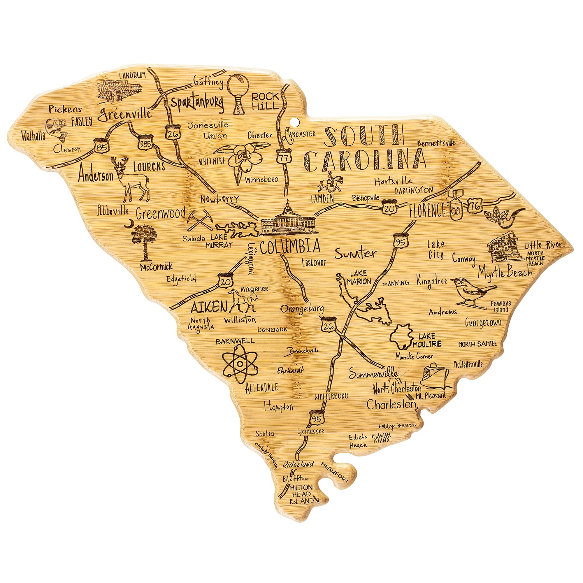 Totally Bamboo Destination South Carolina State Shaped Cutting Board, Charcuterie and Cheese Serving Board - South Carolina Gift