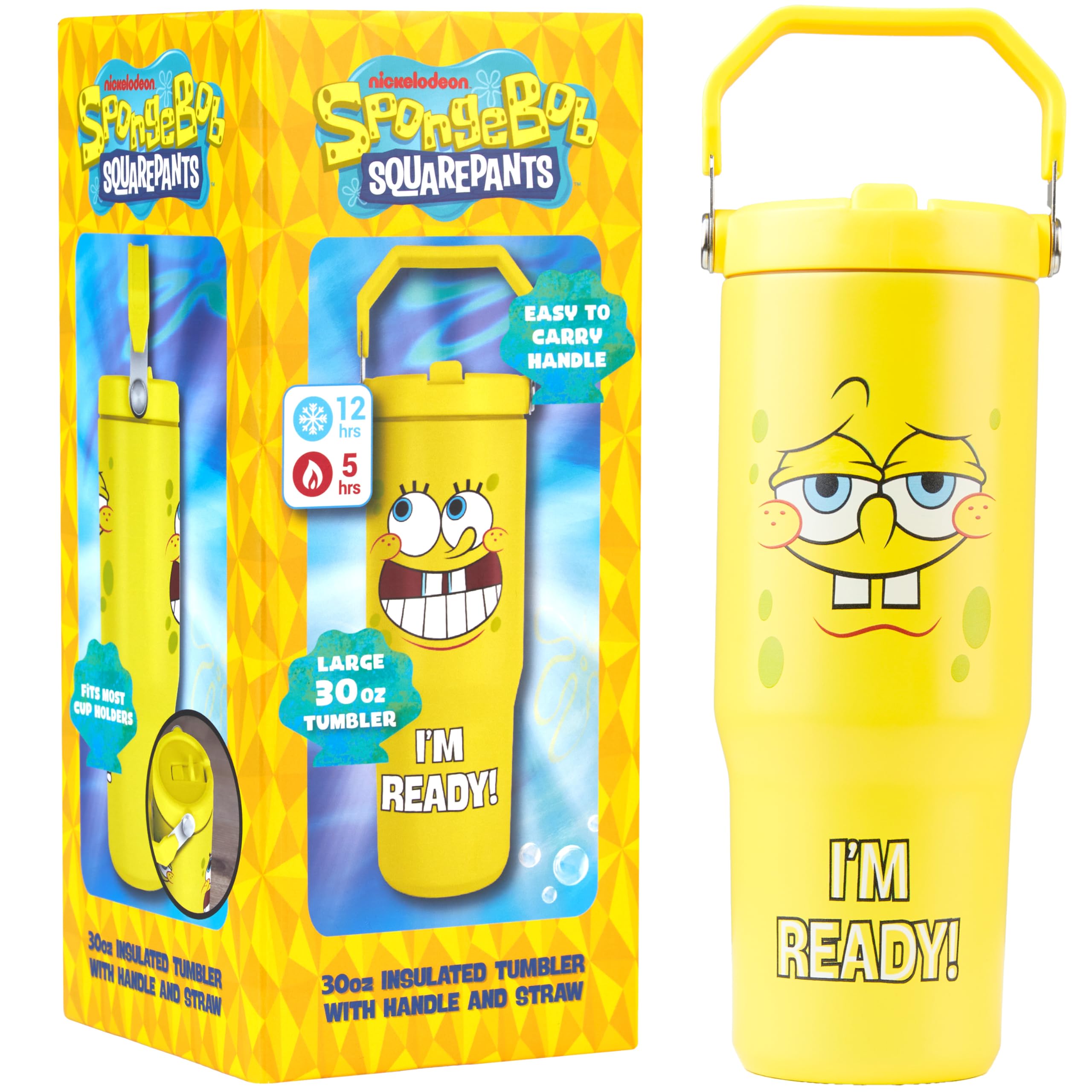 Get Trend SpongeBob SquarePants 30oz Tumbler with Handle and Straw, Kids Stainless Steel Insulated Water Bottle, BPAFree, Leak