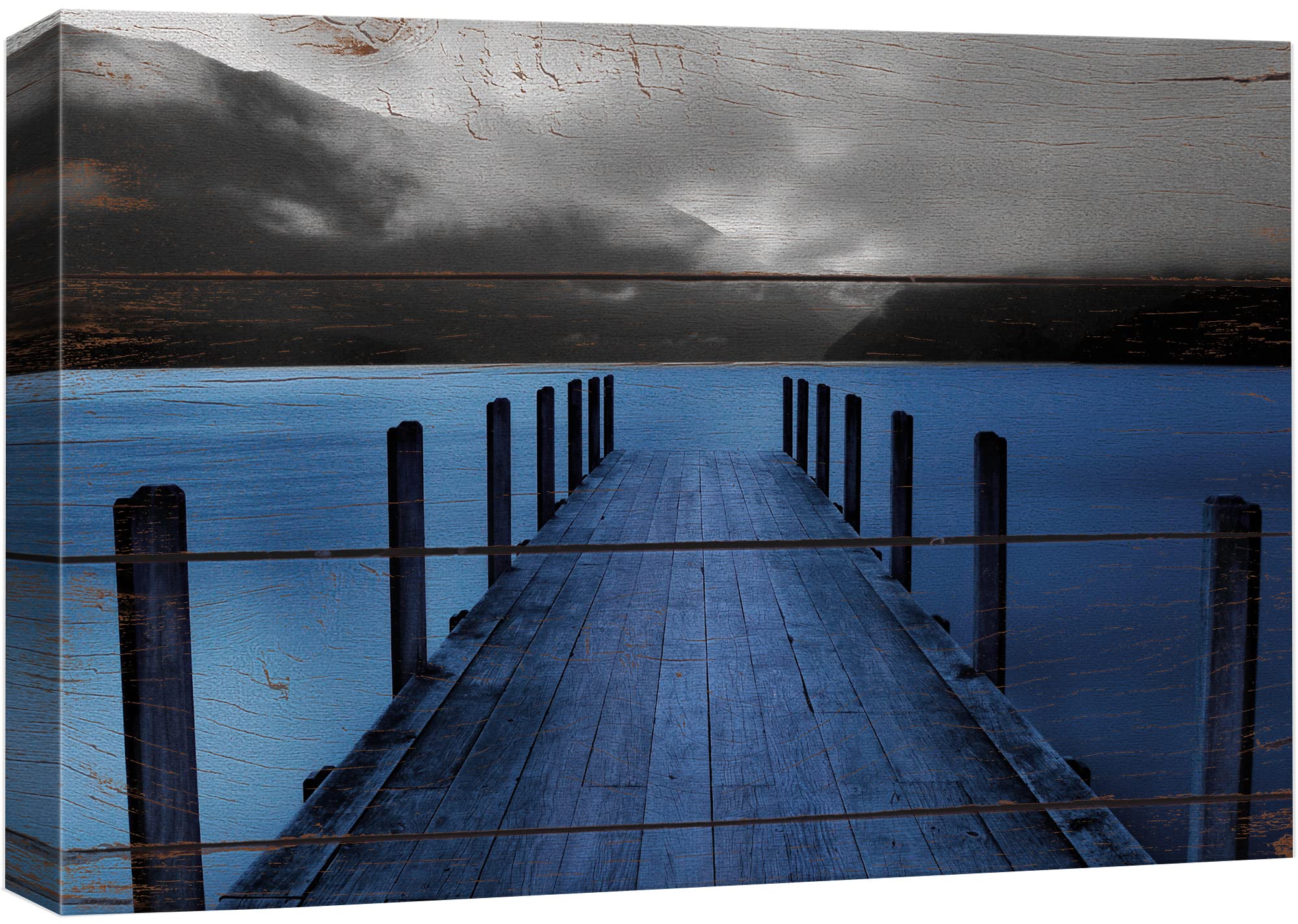 Wall26 Canvas Print Wall Art Evening On Black & Blue Grayscale Beach Pier Nature Wilderness Digital Art Realism Chic Colorful Mu