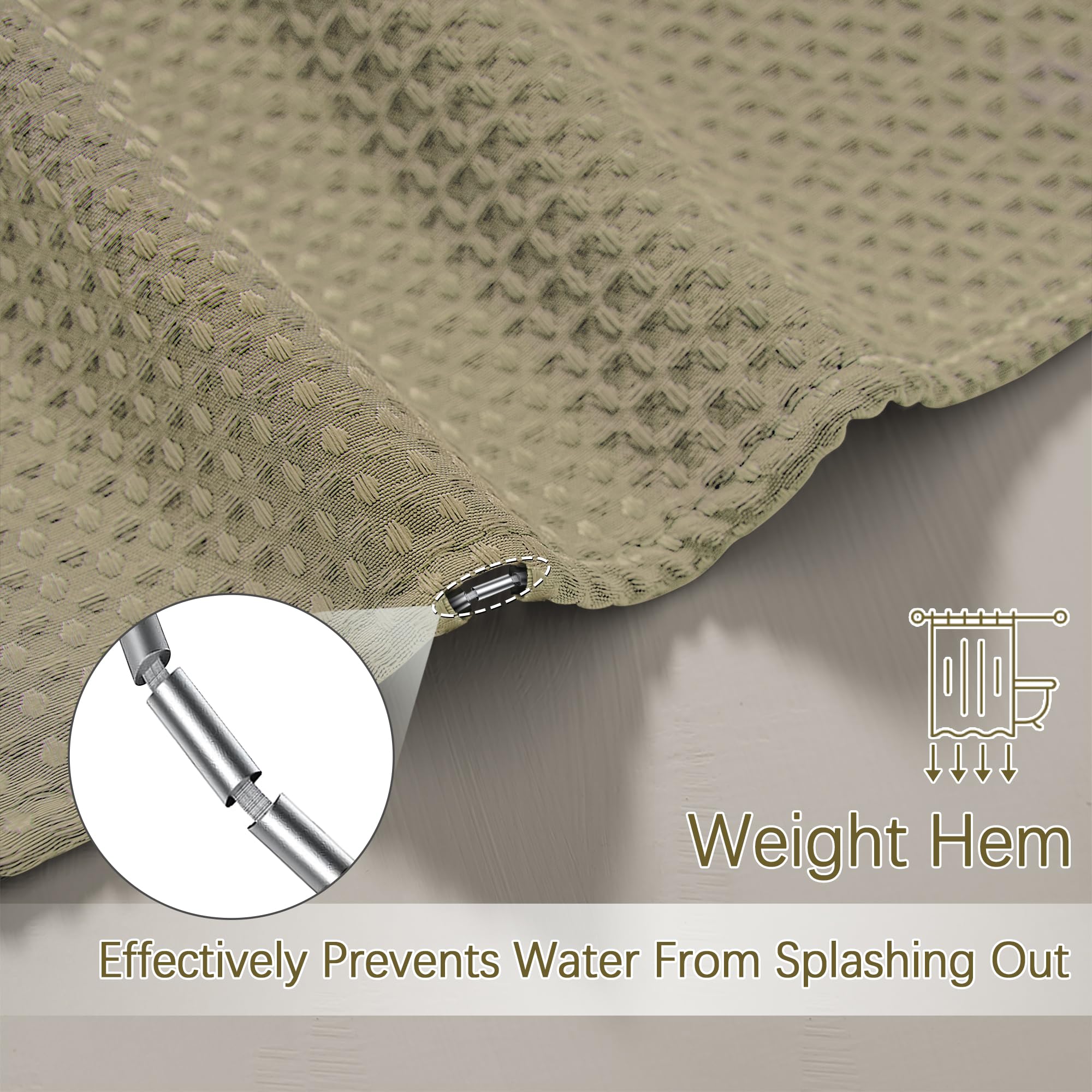 Pangsinne Shower Curtain Taupe Waffle Textured, 256Gsm Heavy Duty Weighted Fabric Shower Curtains, Hotel Quality Luxury Polyeste