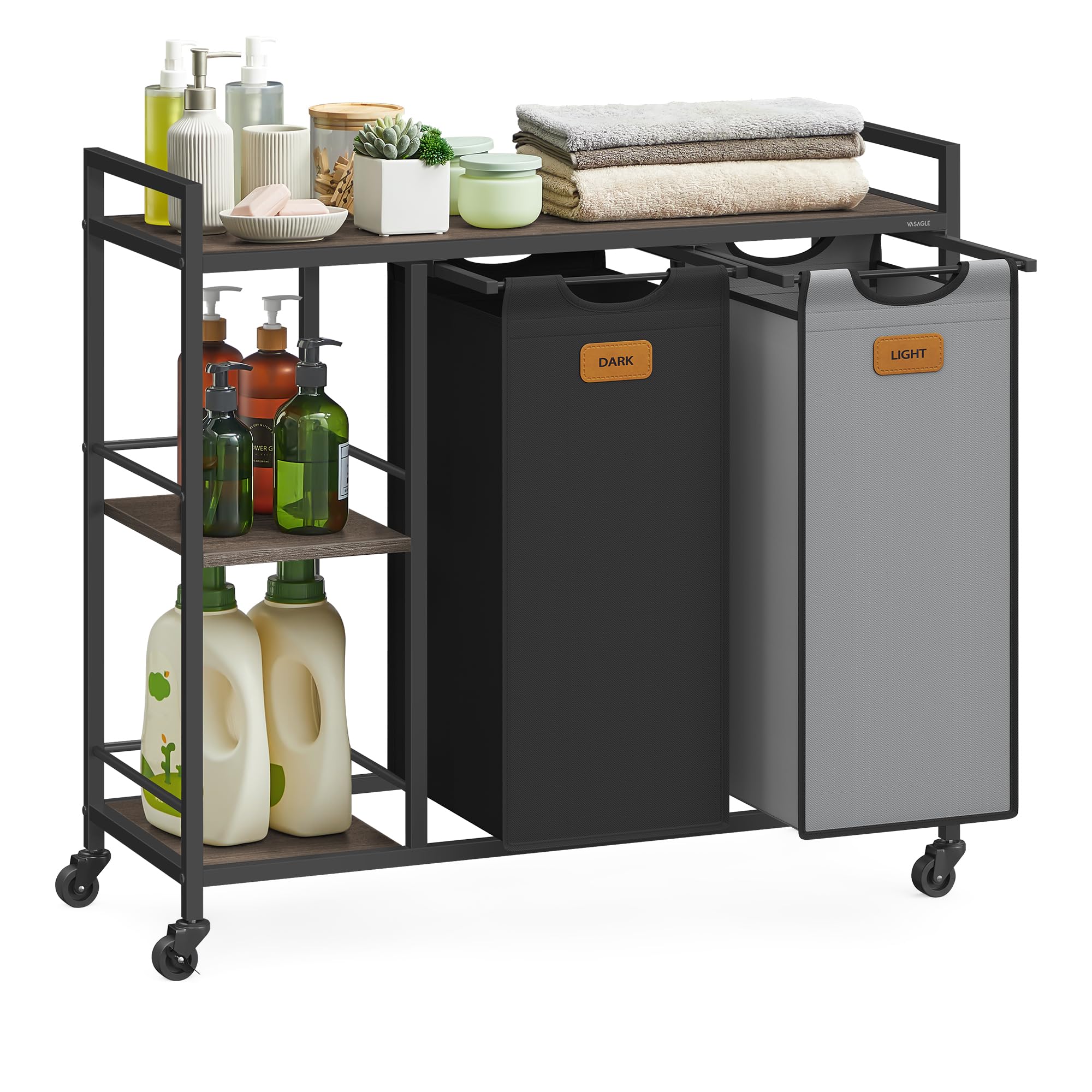 VASAGLE Laundry Hamper with 2 Compartments, 26.4 Gal. (100 L) Laundry Sorter, Rolling Laundry Cart with Shelves, Removable Liner