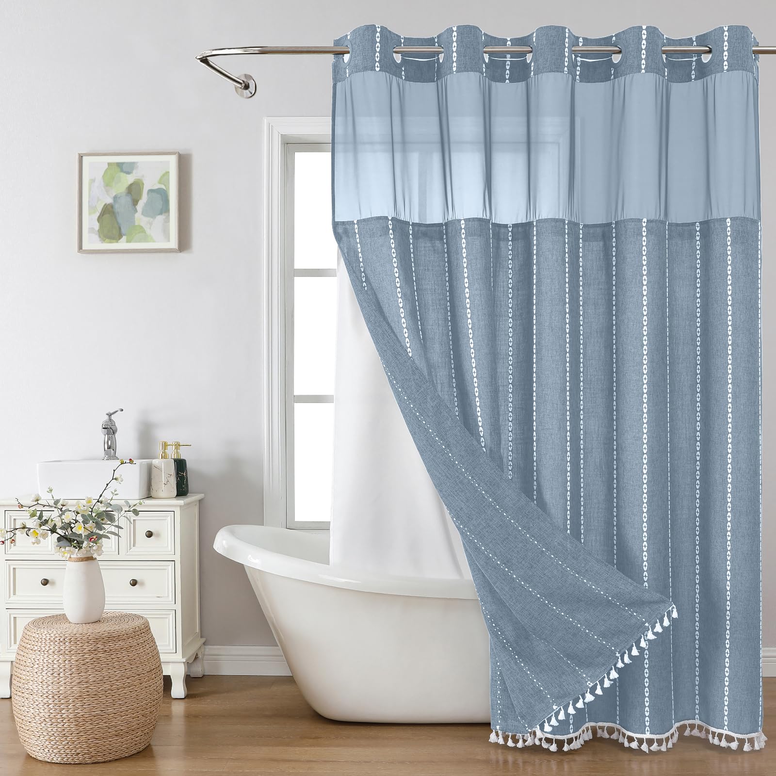 Eachope Boho Farmhouse No Hook Shower Curtain Set With Snap-In Fabric Liner,Heavy-Duty Linen Textured Rustic Striped Design,Wate