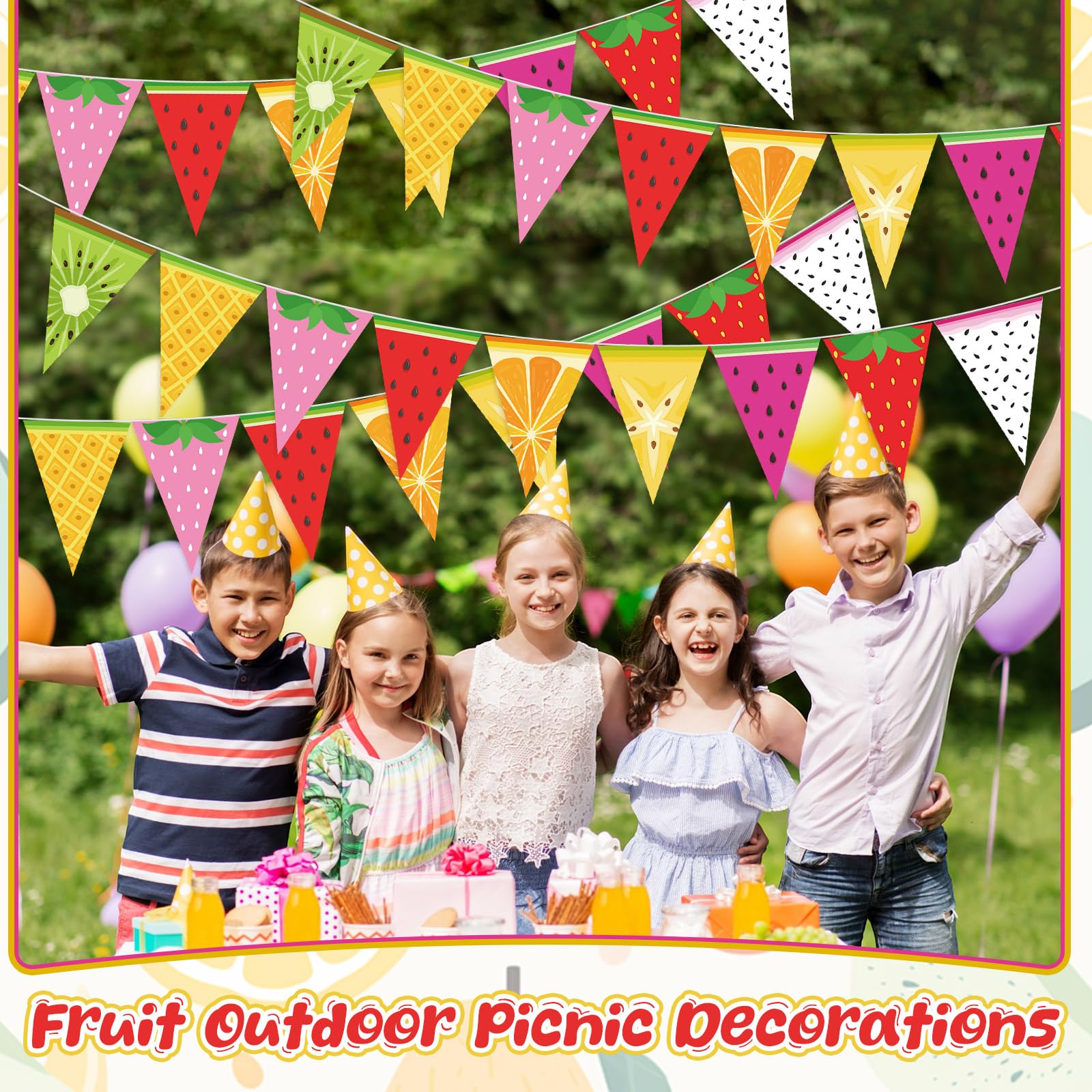 Gersoniel 5 Pieces Fruit Party Decorations Tropical Fruit Pennant Banner Bunting Pre-Strung Paper Triangle Flags Twotti Frutti T