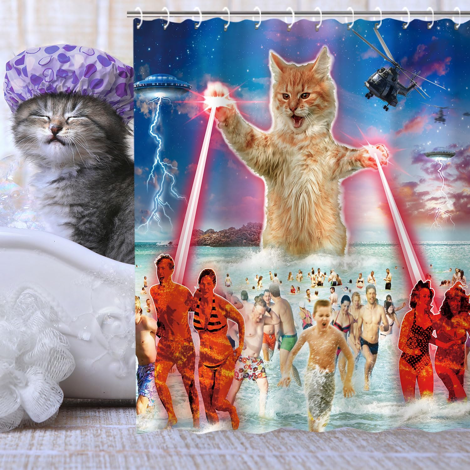 Rosielily Funny Shower Curtain, Kids Shower Curtain, Cat Shower Curtain, Beach Shower Curtains Set With 12 Hooks, Cool Bathroom