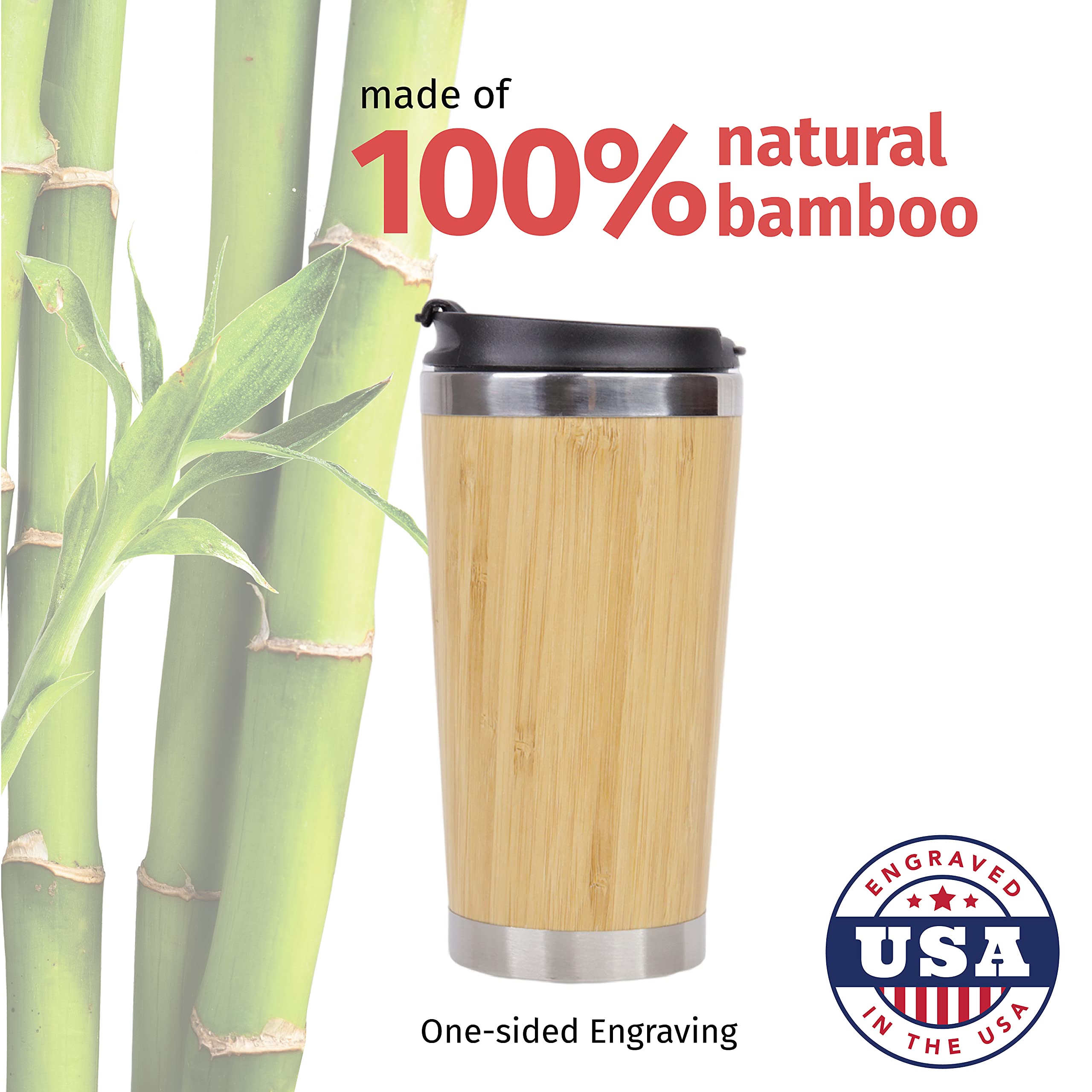 Printsupremacy Stainless Steel Bamboo Mug With Removable Lid, 15Oz Tumbler Bamboo Mug, Lightweight Vacuum Insulated Mug With Sli