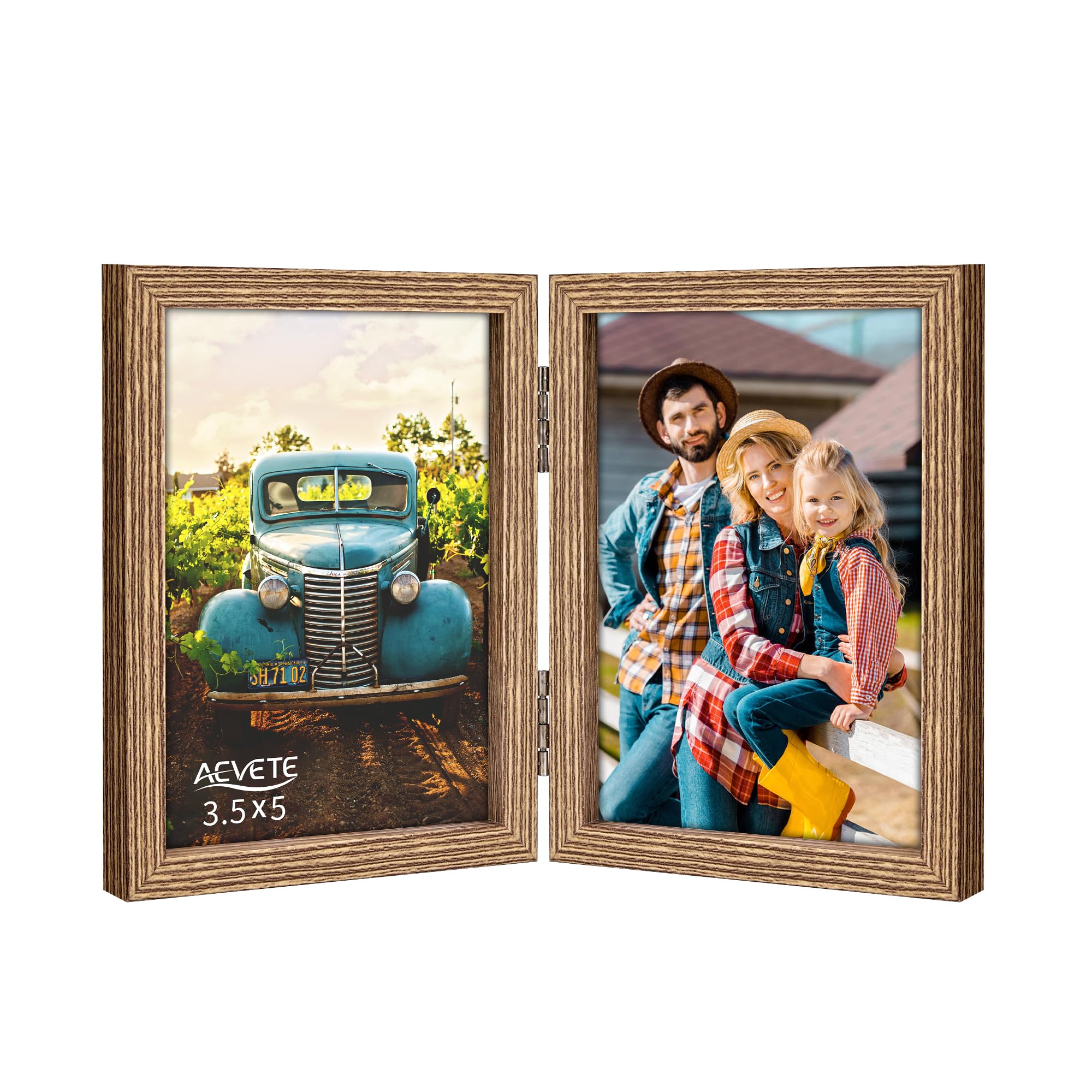 AEVETE 3.5x5 Picture Frames Double Hinged Wood Folding Photo Frames Vertical with Plexiglass Front, Wood Grain