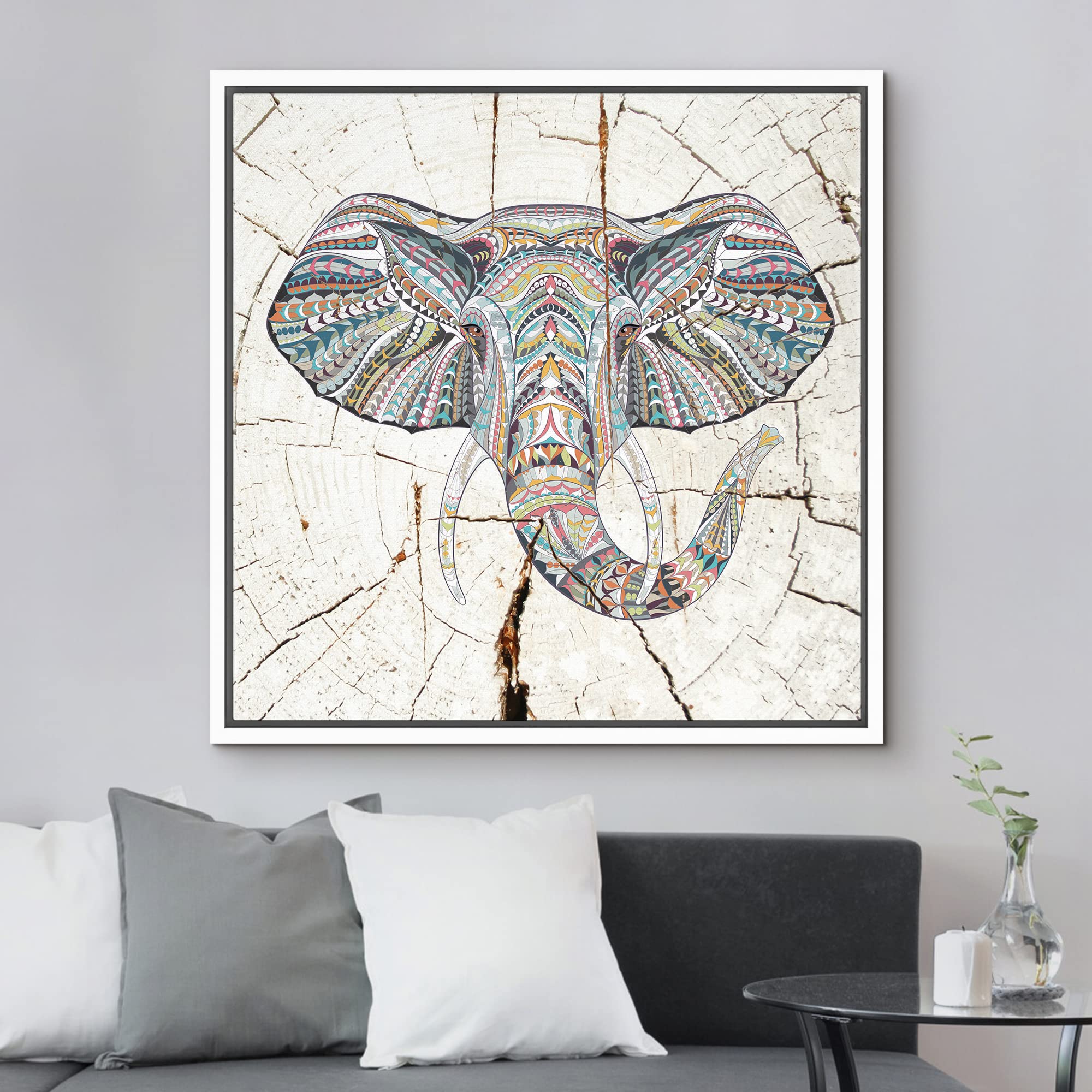 Wall26 Framed Canvas Print Wall Art Wood Ring Effect Tribal Pattern Elephant Animals Wildlife Wood Modern Art Farmhouse/Country