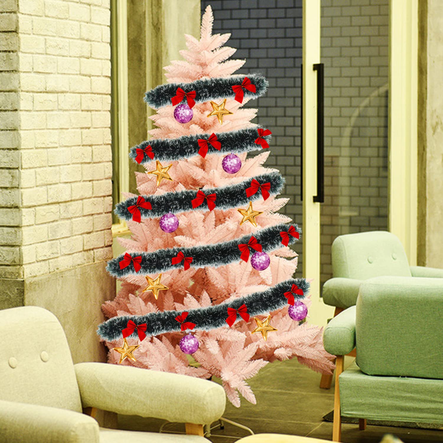 CCINEE 33Ft Christmas Tinsel Garland with Snow and 24 Red Bows for Xmas Decorations