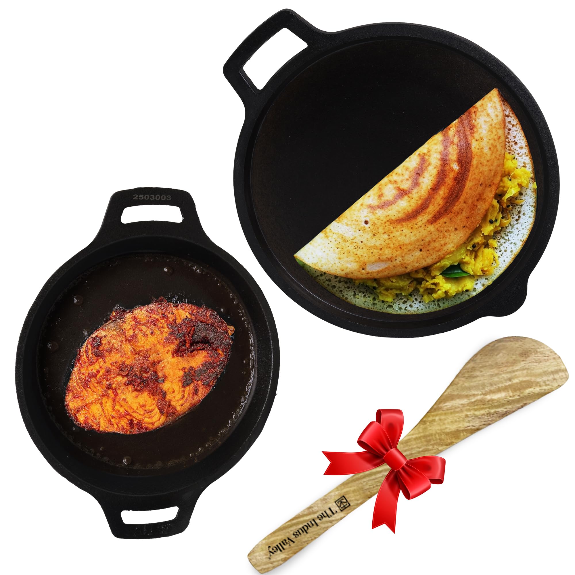The Indus Valley Pre-Seasoned Cast Iron Cookware Set + Free Wooden Spatula | Tawa (27.5 Cm) + Fish Frypan (22.5 Cm) | Kitchen Co